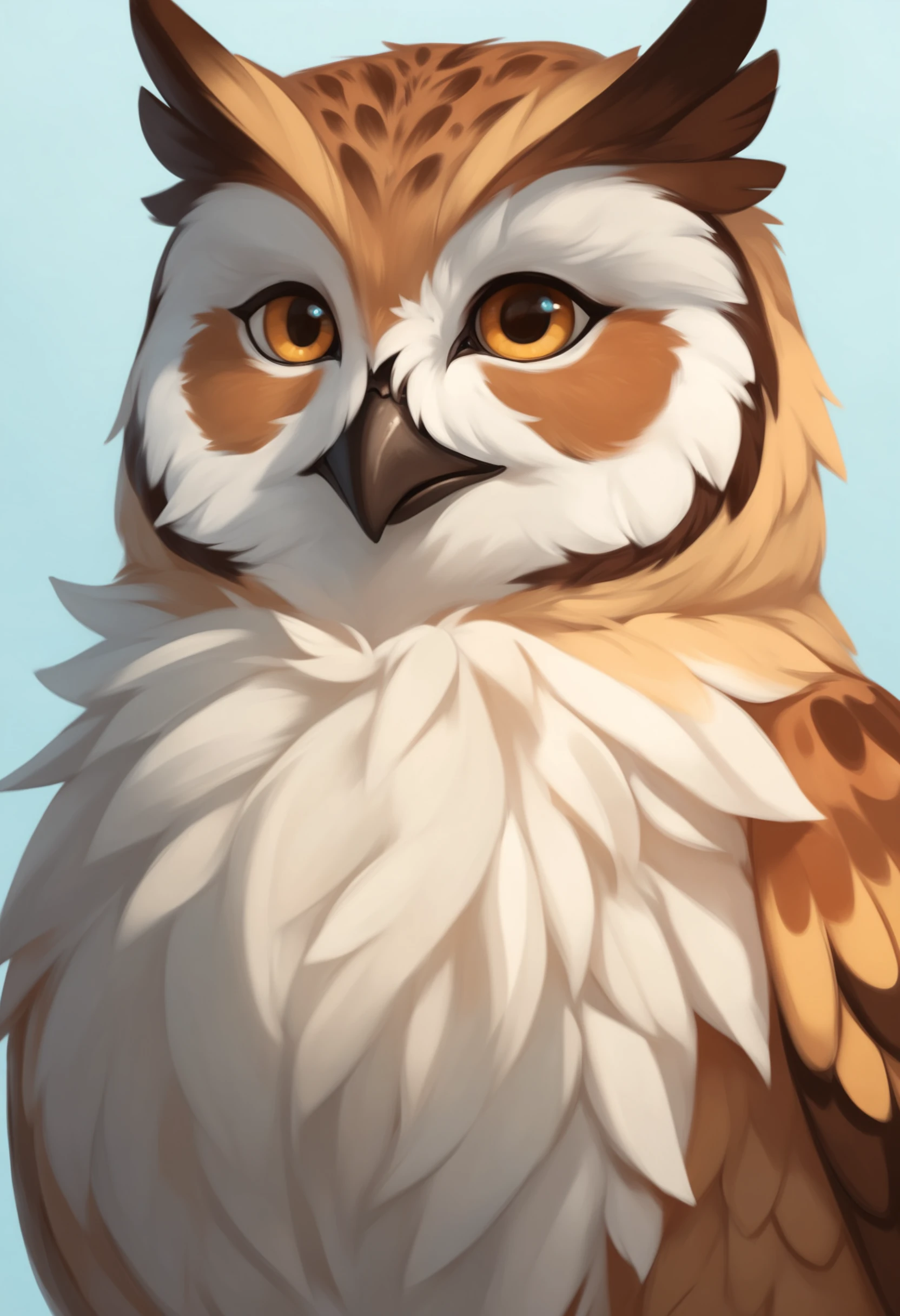 close-up portrait photography, (Curious owl expression:1.2), Symmetrical face composition, Large amber-yellow eyes, Small brown beak, (Fluffy white plumage:1.2), Pronounced eyebrows, Blurred woodland setting, Soft and warm illumination, score_9, score_8_up, score_7_up, score_6_up, derpibooru_p_95, rating_explicit