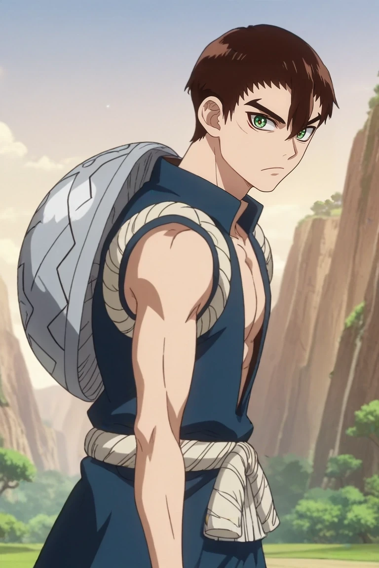 score_9, score_8_up, score_7_up, , rating_safe, intricate details, anime screencap, anime coloring, official style, , , 1boy, solo, male focus, <lora:kinrou_dr_stone_pony:0.74>, kinrou_dr_stone, brown hair, green eyes, , from side, floating island, light, pose, sparkling eyes, , <lora:sdxl_lightning_8step_lora:1>