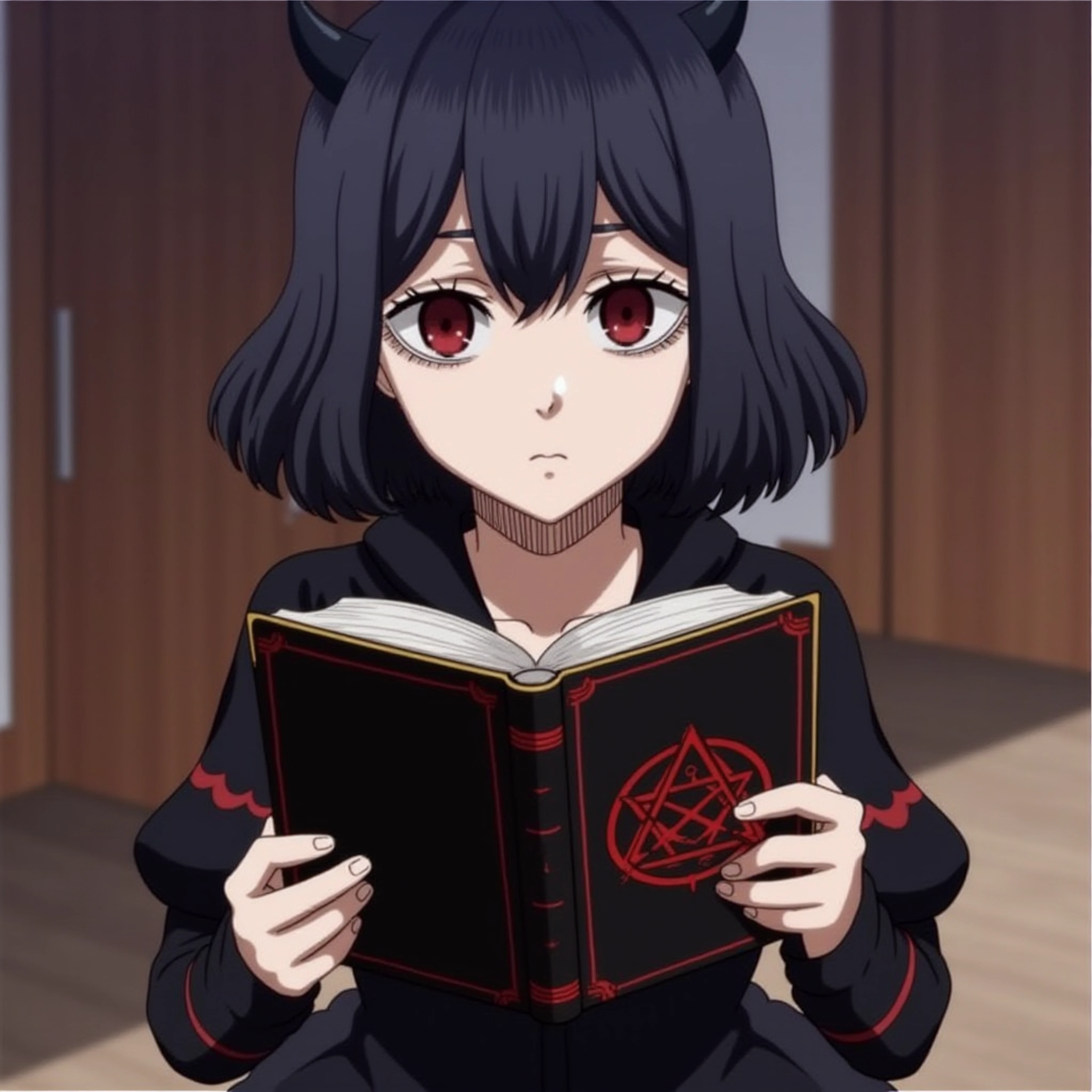 cute anime anthropomorph girl, realistic-anatomy, 5 fingers, full-height, full-body, mature face, black short hair, black dress, small black horns, black clover anime, secre, holding black grimoire book with both hands, the grimoire is closed with red lines and red pentagrame in the middle of the book, the girl looking into the camera