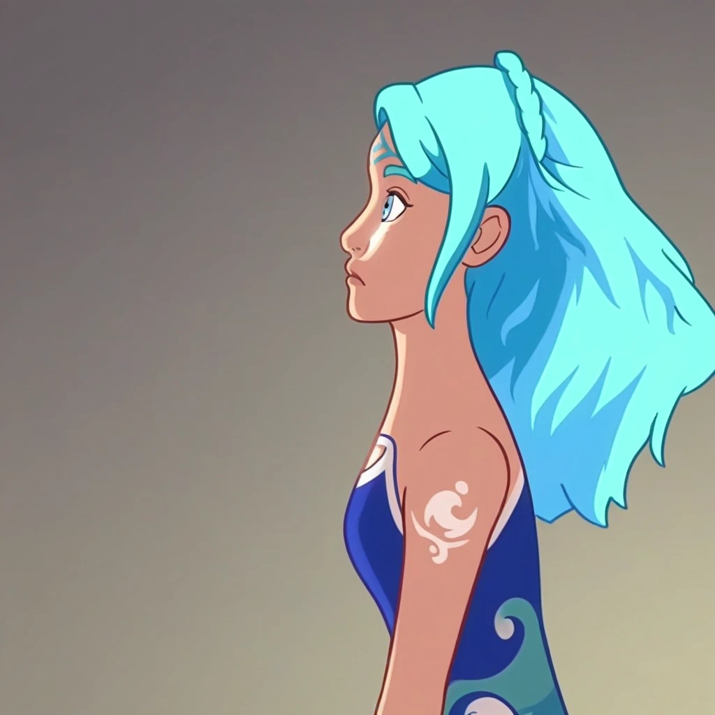 S2_NaidaRiverheart, blue hair, blue eyes, gradient hair, light-skinned, tattoo on cheek, crown braid, side view, looking left