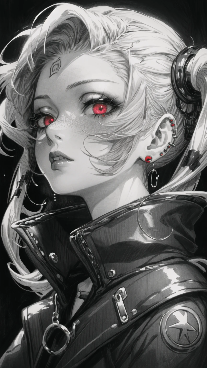 1 girl, gothi, piercing and earring, greyscale whit red, eyes looking up, high quality face, face focus, high quality, dramatical light,  <lora:more_details:0.7>, <lora:GHT_V1-000001:1> GHT,  <lora:Ukiyo-e:0.5>