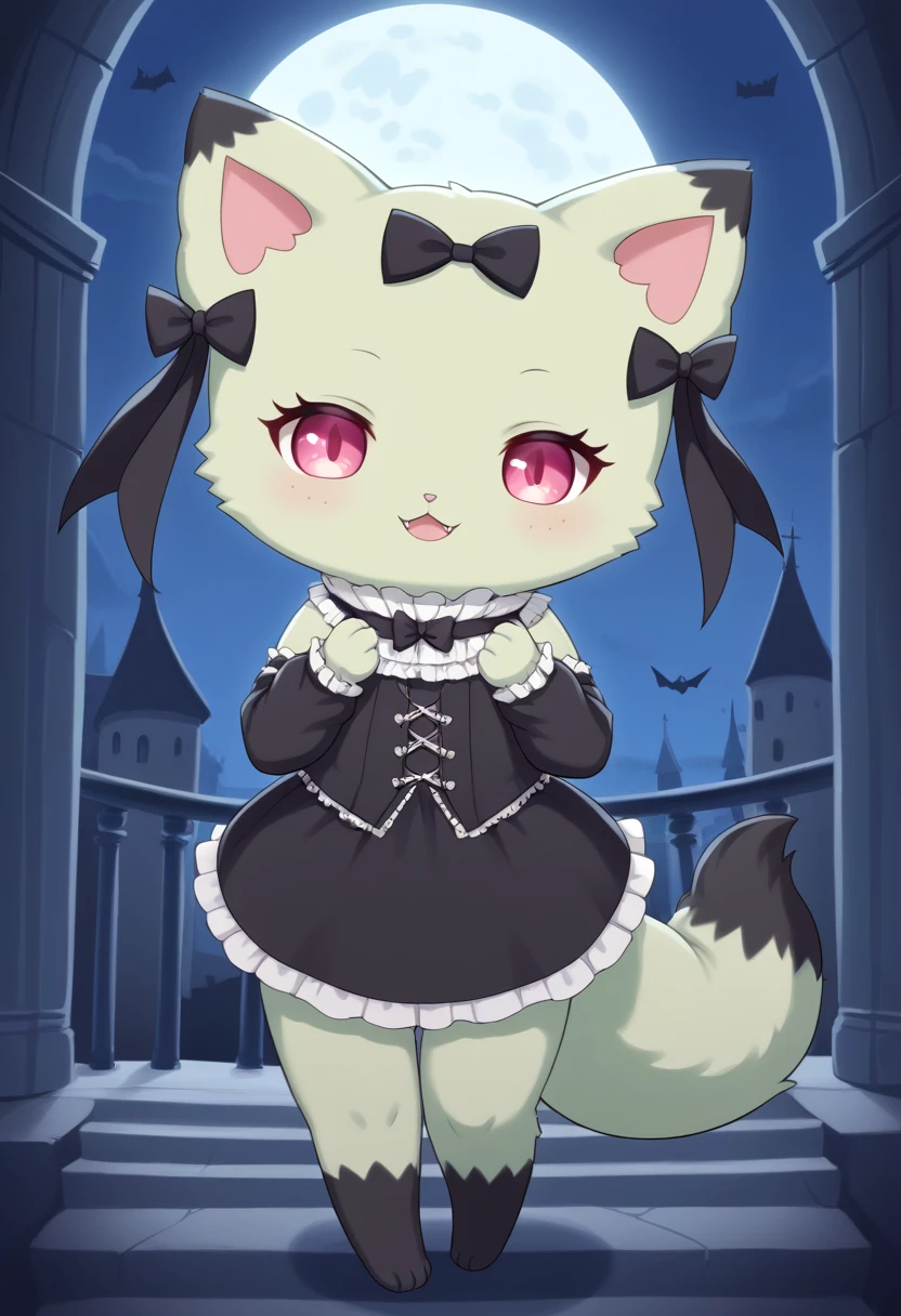 score_9, score_8_up, score_7_up, source_e621, Vampire_Emma, rating_safe, 1girl, solo, looking at viewer, wicked smile, (glowing eyes), half open eyes open mouth, bow (4 pcs), animal ears, tail, full body, hair bow (4 pcs), no humans, black bow (4 pcs), :3, cat, furry, furry female, pink eyes, fluffy tail, fluffy, claws, no hair, green fur, castle, moonlight, moon, no hair