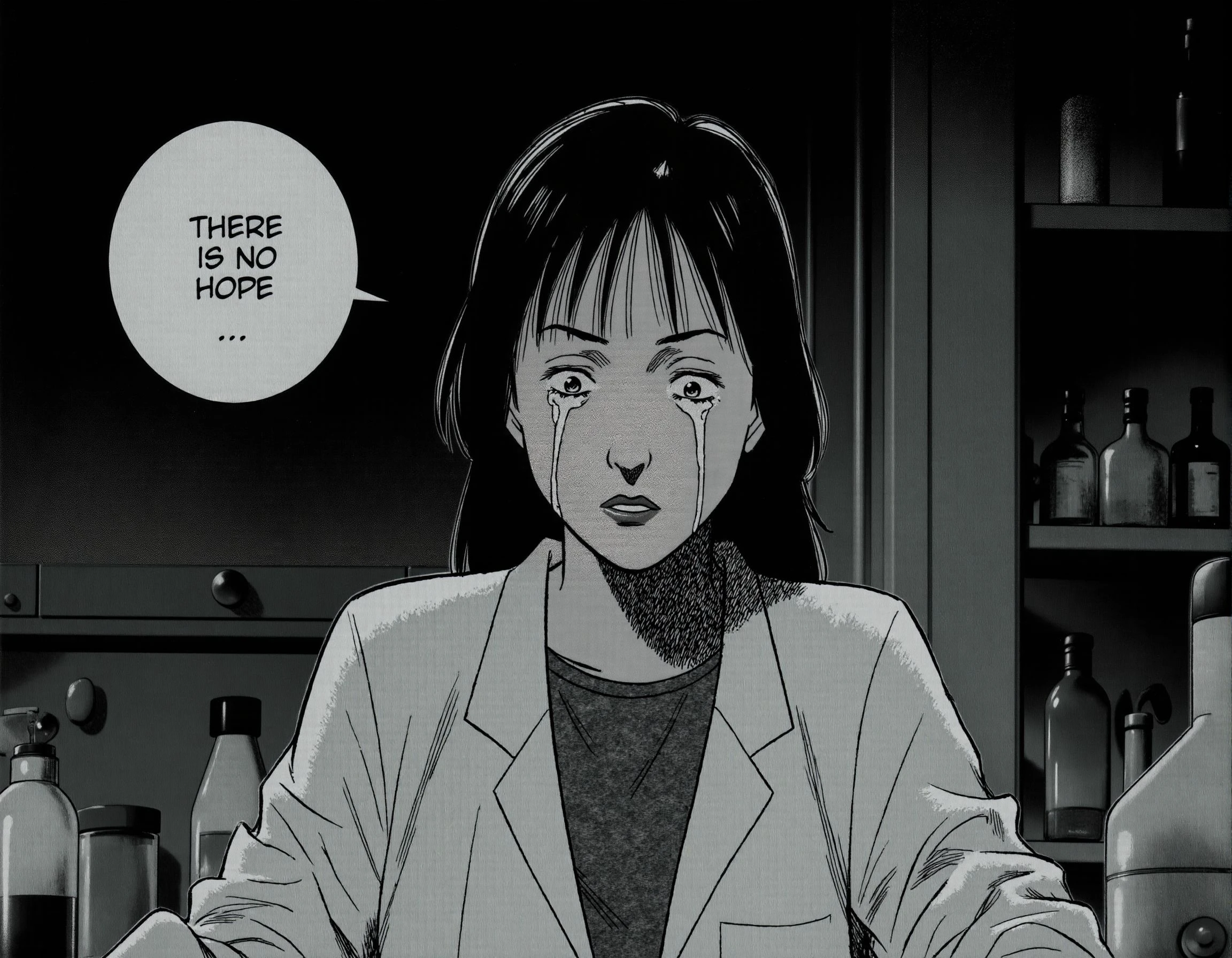 A naoUrasawa style image of a brilliant but disheveled female scientist in her lab. The lab is dark. She his looking down, with tears flowing from his eyes as he is crying. There is a bubble of text next to her head with the text "There is no hope..." The overall mood of the image is somber and melancholic.   <lora:naoUrasawa:1>