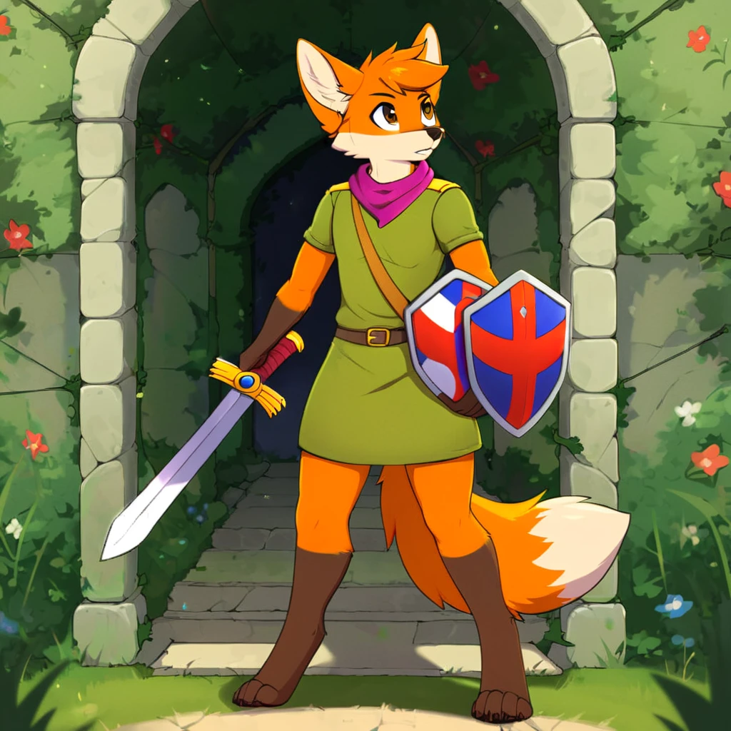 score 9, score 8 up, score 7 up, score 6 up, score 5 up, score 4 up,
ruin seeker, canid, canine, fox, mammal, red fox, true fox, 5 fingers, anthro, anticipation, brown eyes, brown nose, clothed, clothing, detailed background, dipstick tail, fingers, fur, hair, holding melee weapon, holding object, holding shield, holding sword, holding weapon, kerchief, looking up, male, markings, melee weapon, multicolored body, multicolored fur, multicolored tail, neckerchief, orange body, orange fur, orange hair, orange tail, pose, purple kerchief, purple neckerchief, shield, shirt, solo, sword, tail, tail markings, topwear, tunic, two tone body, two tone tail, weapon, white body, white fur, white tail tip