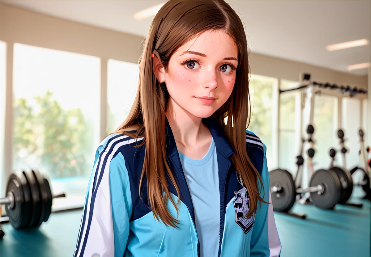 lara brookes, 1girl, solo, brown hair, long hair, freckles, realistic, jersey jacket, open jacket, upper body, gymware, gym, cute, blurry background <lora:Porn_Star_Lara_Brookes:1>