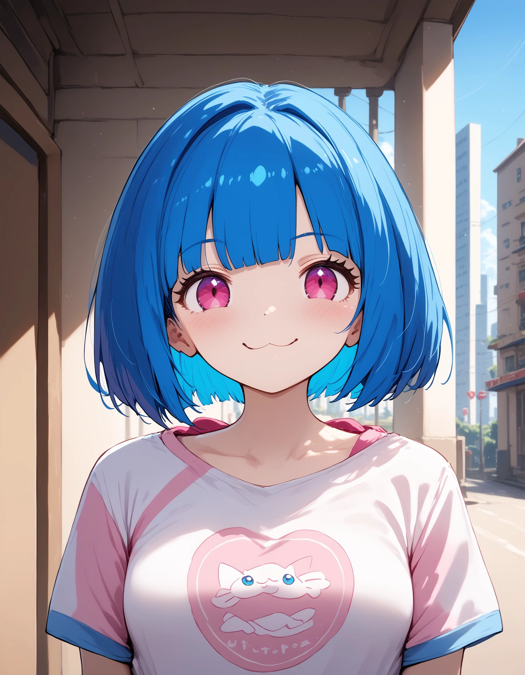 (masterpiece), best quality, expressive eyes, perfect face, score_9, score_8_up, score_7_up, source_anime, femele, blue hair, bob cut, pink eyes, pink t-shirt, slim, smile, medium breasts, kutabire_stye, :3, cat mouth, face shot, upper body, <lora:ae2bfa78-3e19-494d-9c94-870d7627f419:1.0>, <lora:0e47915d-92a4-41b6-9910-526edbec2b9f:1.0>