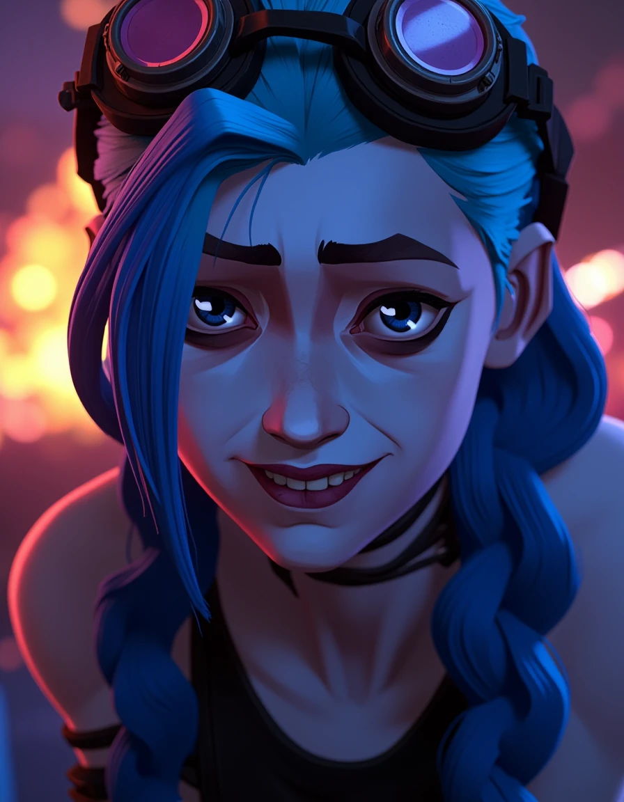 Arcane style close-up portrait of Jinx from Arcane, with her signature blue hair in long braids, wearing goggles on her head and a mischievous grin on her face. The background features neon lights and an explosion in the distance, capturing her chaotic and wild personality. Dark and moody image.
<lora:Jinx_Character_for_Flux.1_Dev:1.4>