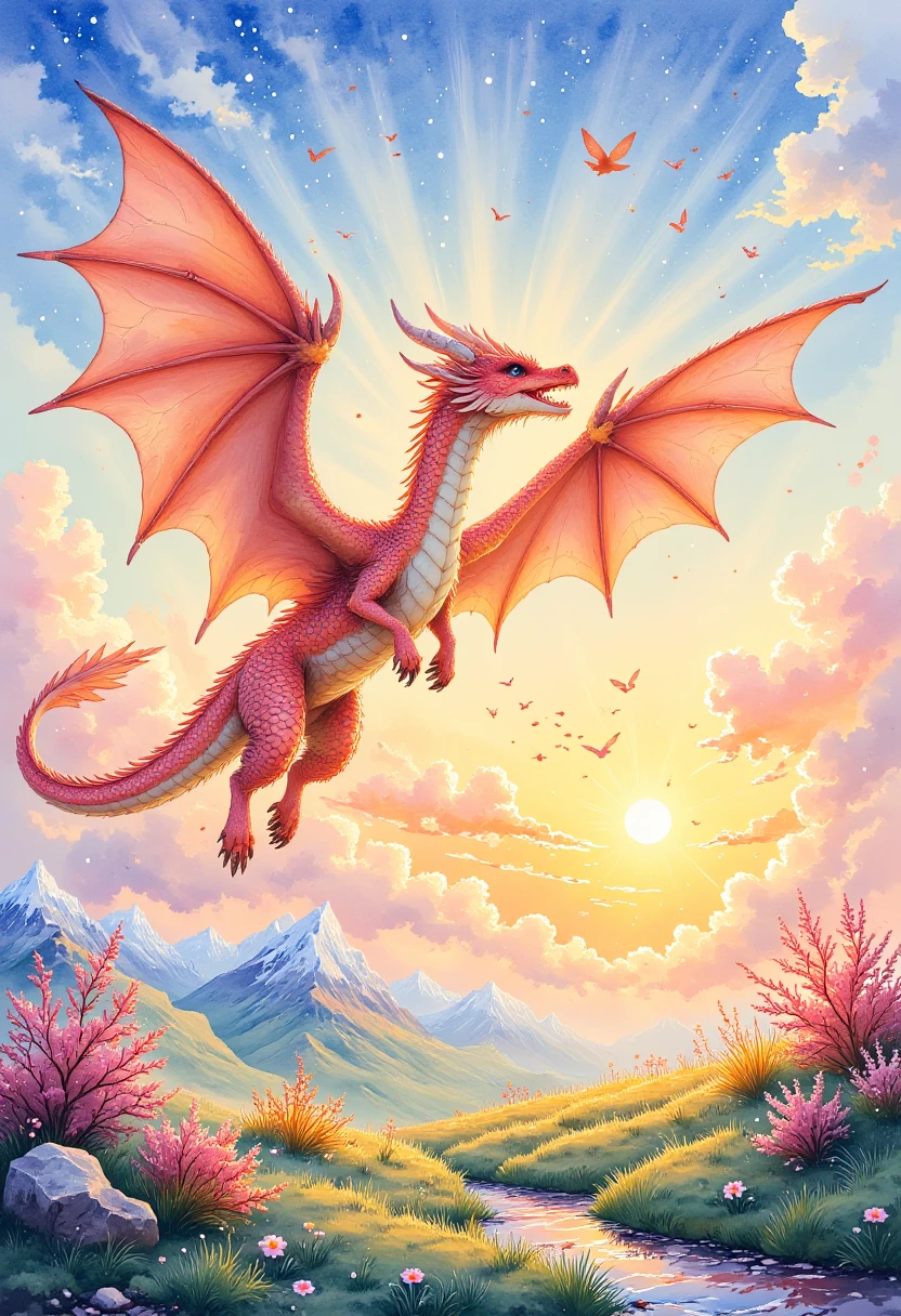 watercolor painting,As morning sunrises, a magnificent dragon spreads its wings and takes to the skies, casting a warm glow across the landscape below