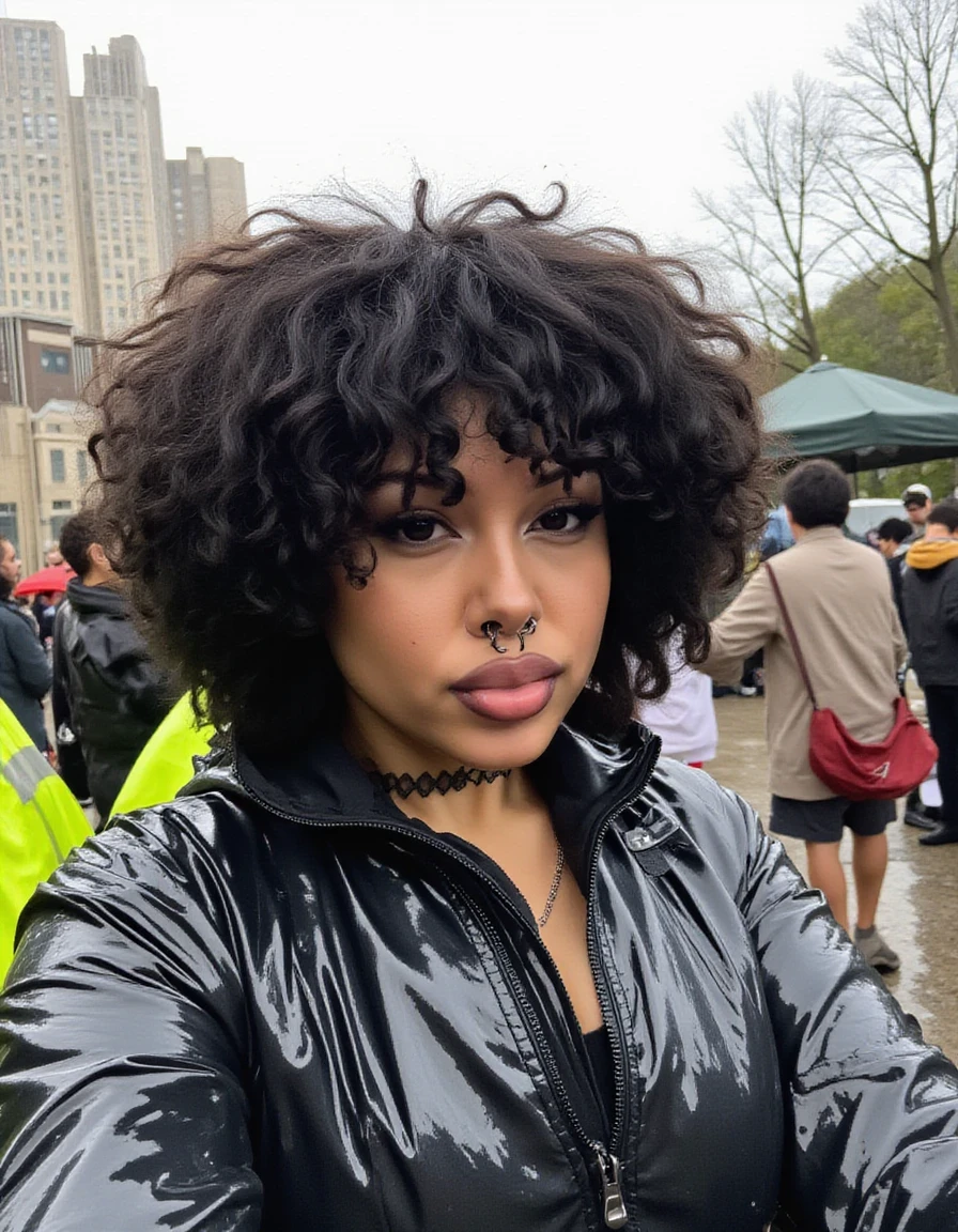 @ohthas.mat, @inluvwitmat, latina, instagram personality, realistic, 1girl, solo, lips, Wearing raincoat, Park, raining, Crowded background