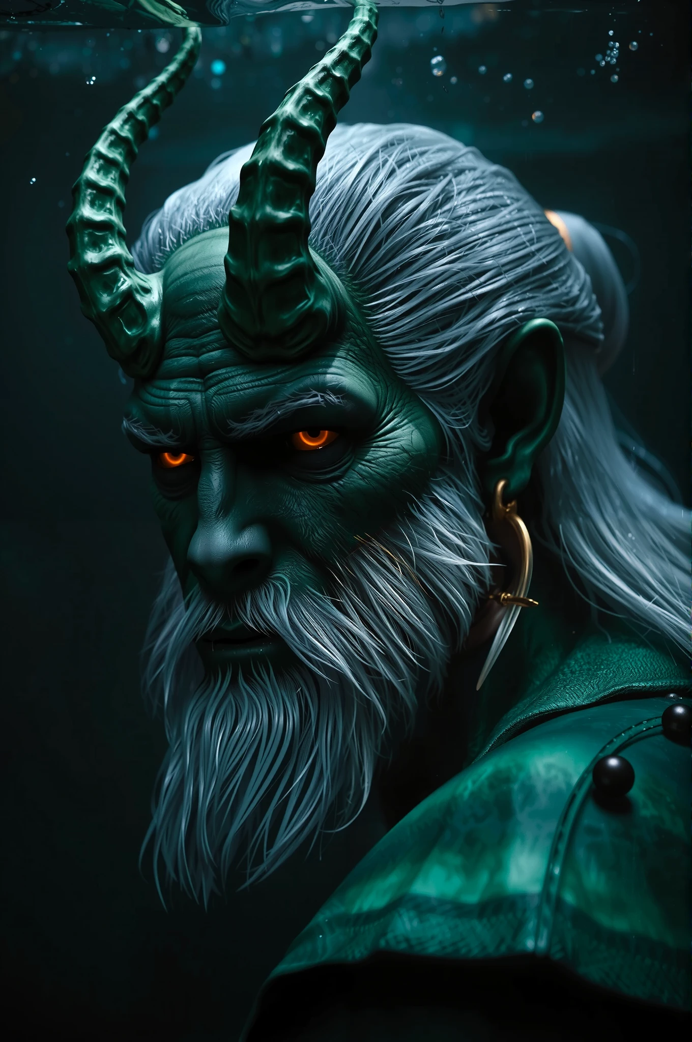 black myth,
portrait of a man with water green skin and gray white beard, looking at the audience from a side view, with water green horns, gray white long hair, long earlobes wearing silver earrings, and water green clothes, Eyes emitting golden light, 
Floating in the water, Deep sea, bubbles,
Dindar light, backlight,
rich textured detail,