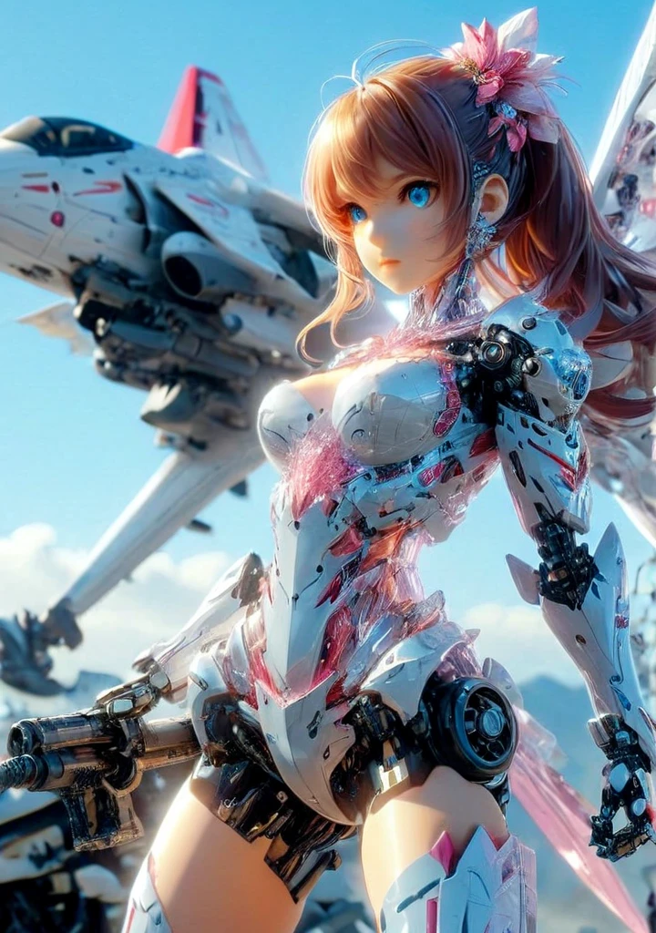 <lora:pilot:1>,mecha crystal girl stand with mecha crystal aircraft