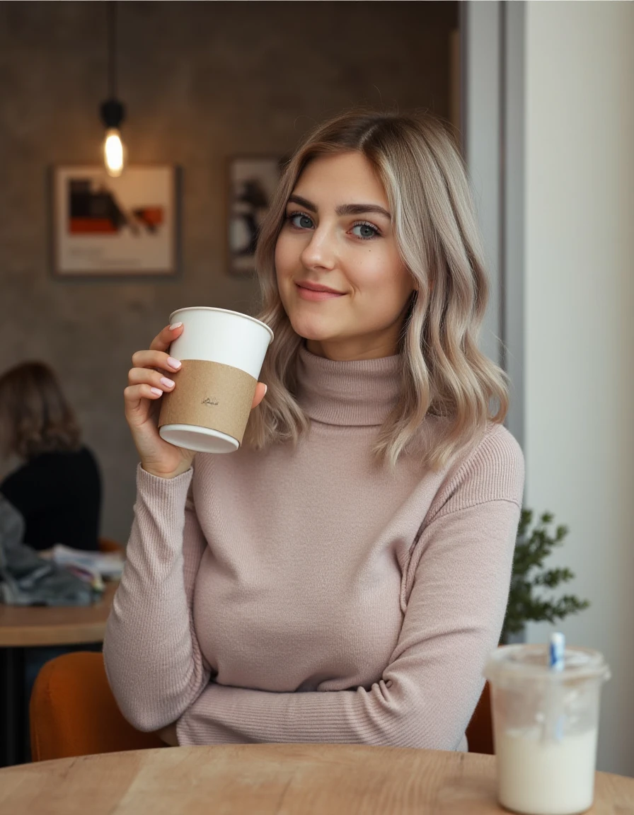 <lora:Eva_Elfie:1> realistic photo of  evaelfie, wearing a fitted  turtleneck sweater,  sitting in a cafe having a coffee, smiling, looking at viewer.