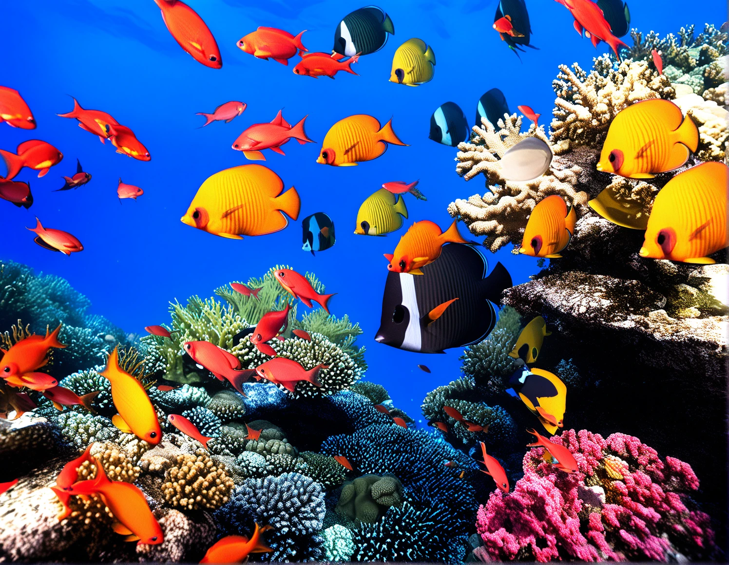 masterpiece, best quality, very aesthetic, absurdres, clownfish, 1girl, female snorkeling, swimming googles, coral, fish, underwear,  <lora:the_red_sea_animagineXLV31_v31_Lion_2100_v1.04:1>, closed mouth