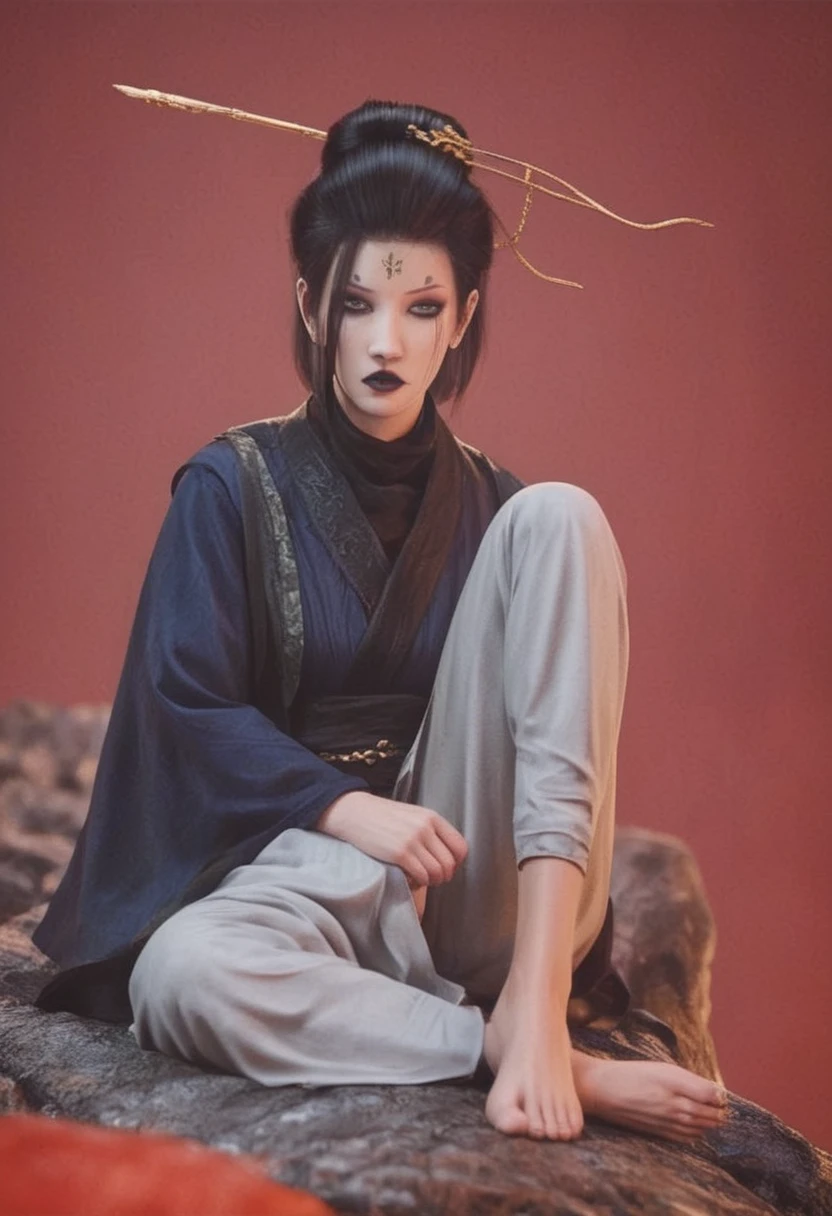 Si Mei, Black Myth, Black Myth Wukong, black hair, facial mark, single hair bun, hair bun, forehead mark, hair ornament, makeup, black lips, score_9, score_8_up, score_7_up, score_6_up,, long legs, 1girl,solo,(((red background))),sitting on rock,