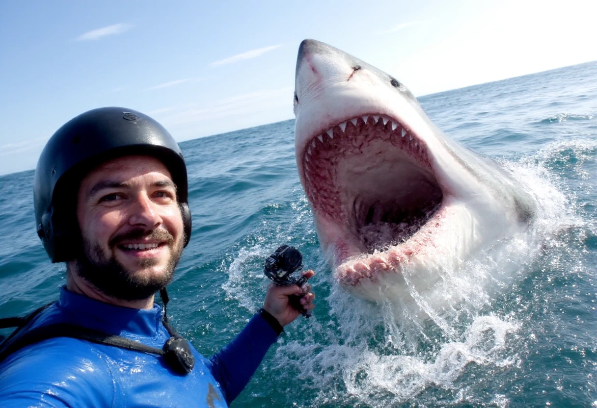 Capture the ultimate thrill-seeker moment as a surfer takes a GoPro selfie of himself riding the waves, completely
unaware that a massive great white shark is closing in behind him. The camera is attached to the surfer's helmet
or wrist, giving you a unique first-person perspective on the action.

As he smiles and makes a cheeky pose for the selfie, the water behind him starts to churn and foam. Suddenly, a
huge great white shark breaches the surface mere feet away, its fin slicing through the air with lightning speed.
The surfer remains oblivious to the danger lurking just behind him, captured in a moment of pure excitement and
joy.