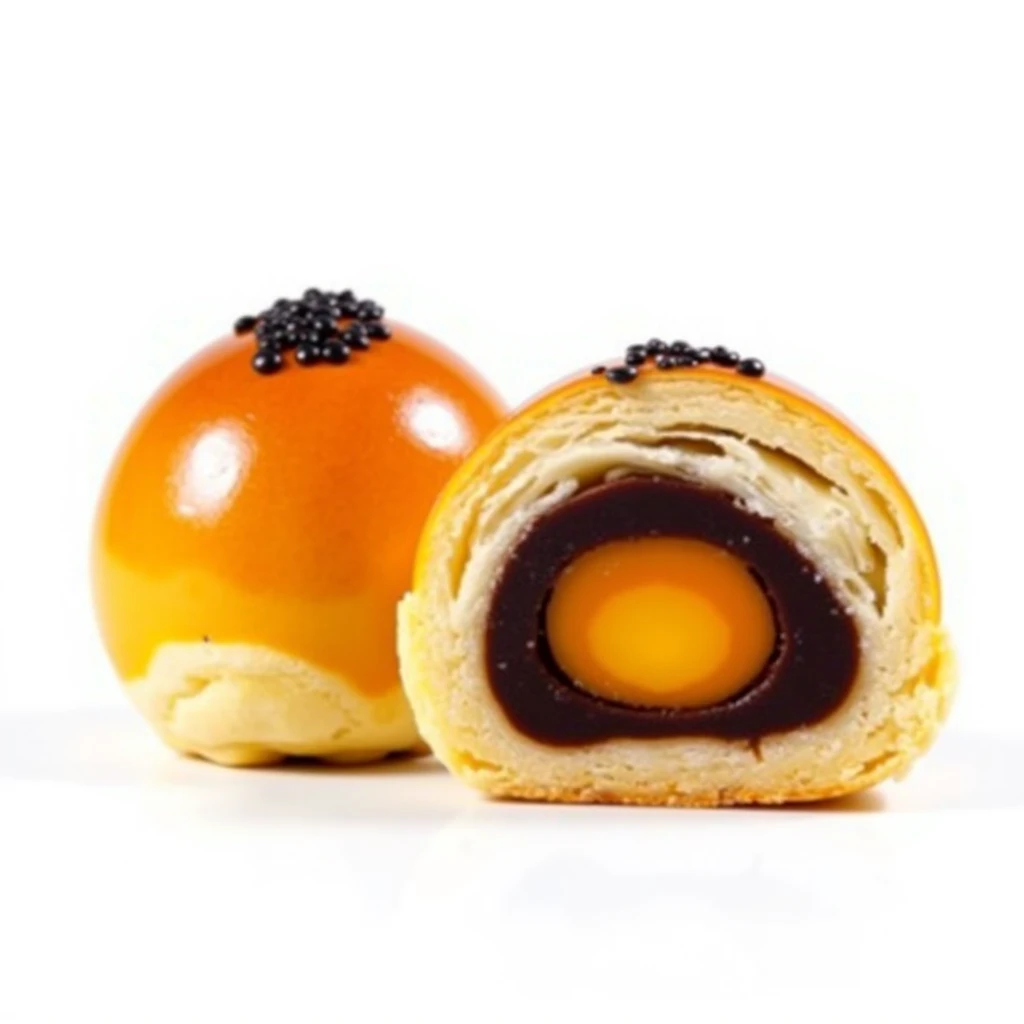 hd,2k, of two Taiwanese pastries on a white background. On the left, a whole egg yolk pastry (dan huang su) with a smooth, glossy golden-brown surface. It's perfectly round and topped with a small cluster of black sesame seeds. On the right, a cross-section of the same pastry revealing its interior.
The cross-section shows distinct layers: a thin, flaky golden crust, a thick layer of dark brown bean paste filling, and at the center, a vibrant orange-yellow salted egg yolk. The yolk appears whole and slightly glistening, contrasting beautifully with the dark surrounding paste.
The pastries are photographed in high detail, showing the texture of the crust and the slight variations in color. The lighting is bright and even, emphasizing the pastries' colors and textures against the clean white background.
This image captures the essence of the dan huang su: its appealing exterior, the surprise of its layered interior, and the contrast between the sweet paste and savory yolk.