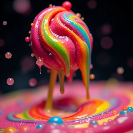 lollipop, slimey, blurry background, candy cane, rainbow slime, tongue, black background, sticky, long hair, slime (substance), blurry, strawberry, blood, captrainbowslime, depth of field