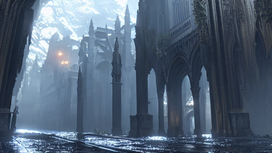 DESR , a dark gothic cathedral under heavy rain, beautiful, detailed, <lora:DES_SD15_V2-08:1>