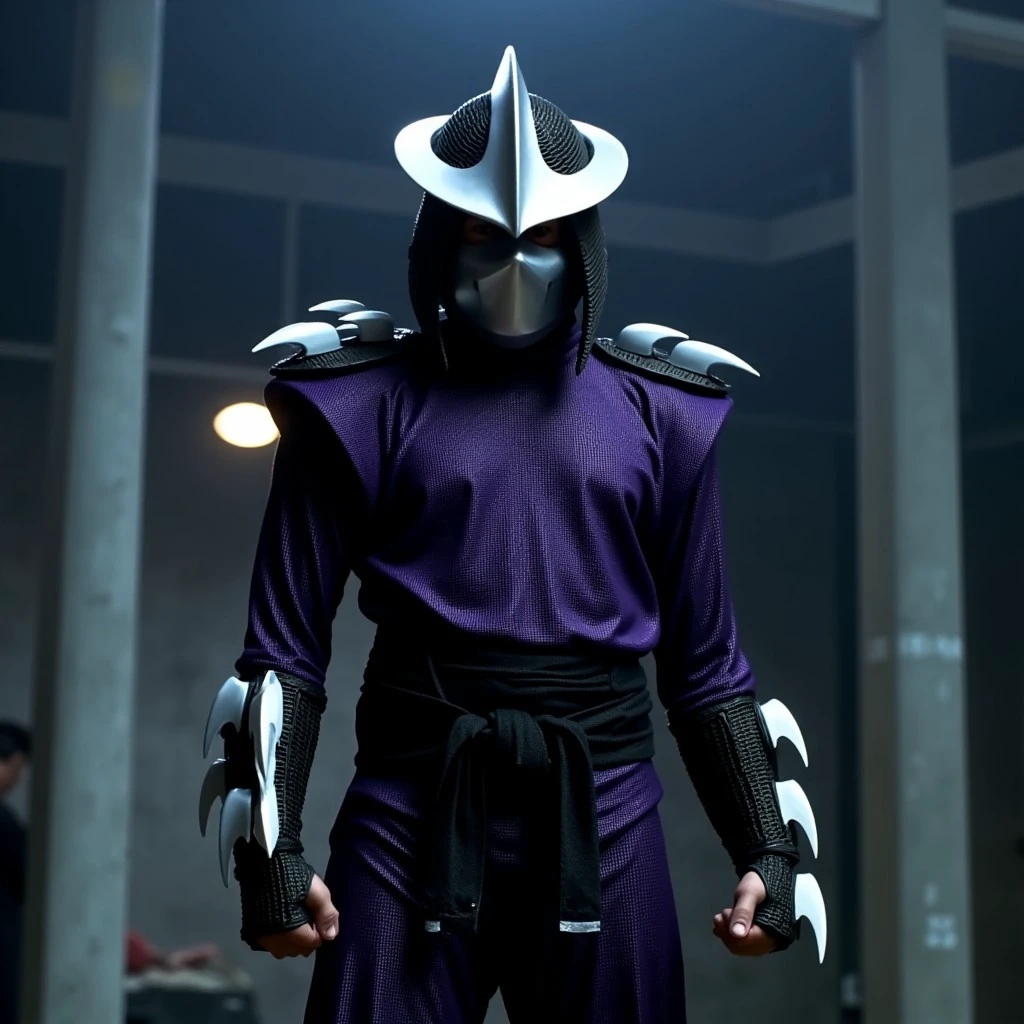 solo, a TMNTShredder armored samurai knight, wearing a purple outfit with claw spike pauldrons and metal samurai helmet with mask, standing defiantly in an eerie abandoned construction site at night. Dynamic lighting and shadows, in progress construction building and pillars and beams and work lights fill the background and the image gives a deep eerie atmosphere of tension and the sense that a battle will soon take place. source_IRL, source_movie