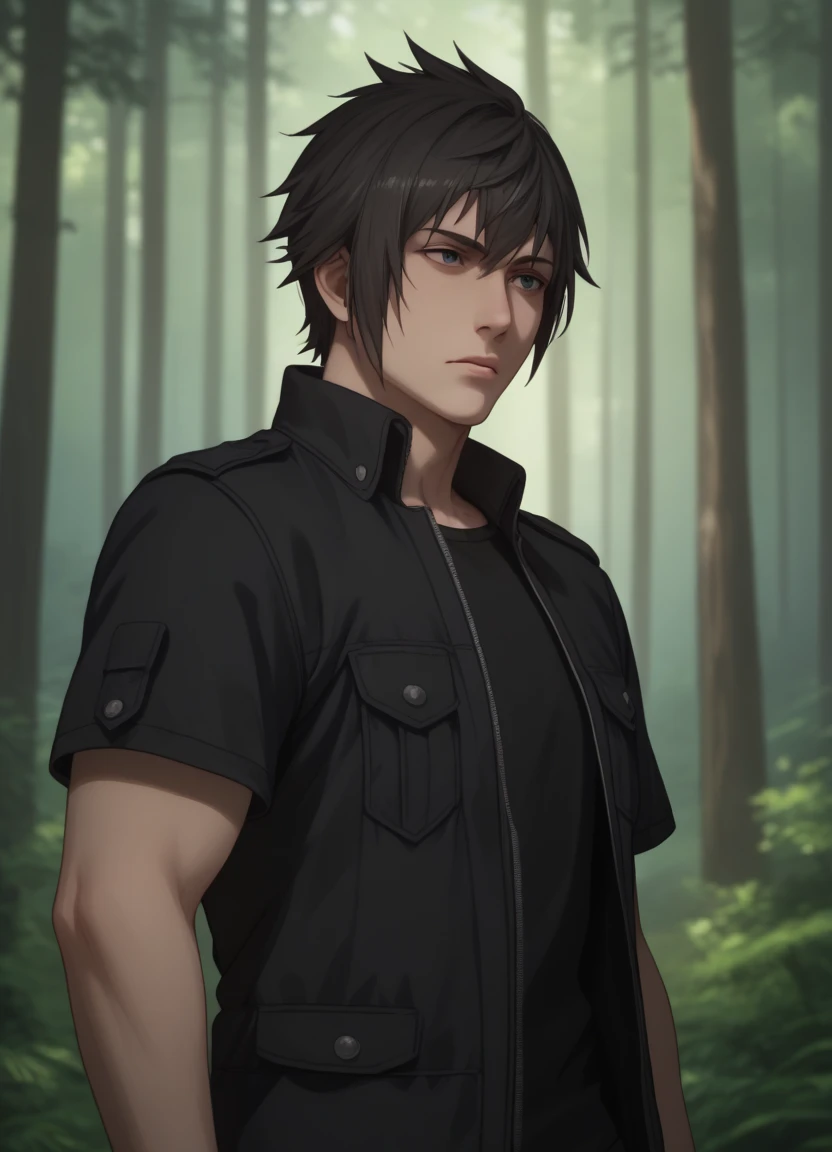 (score_9, score_8_up:1.1), score_7_up, solo focus, upper body, forest, <lora:Noctis_BH_(PonyXL)-000070:1>,noctis, 1boy, black jacket, short sleeves,