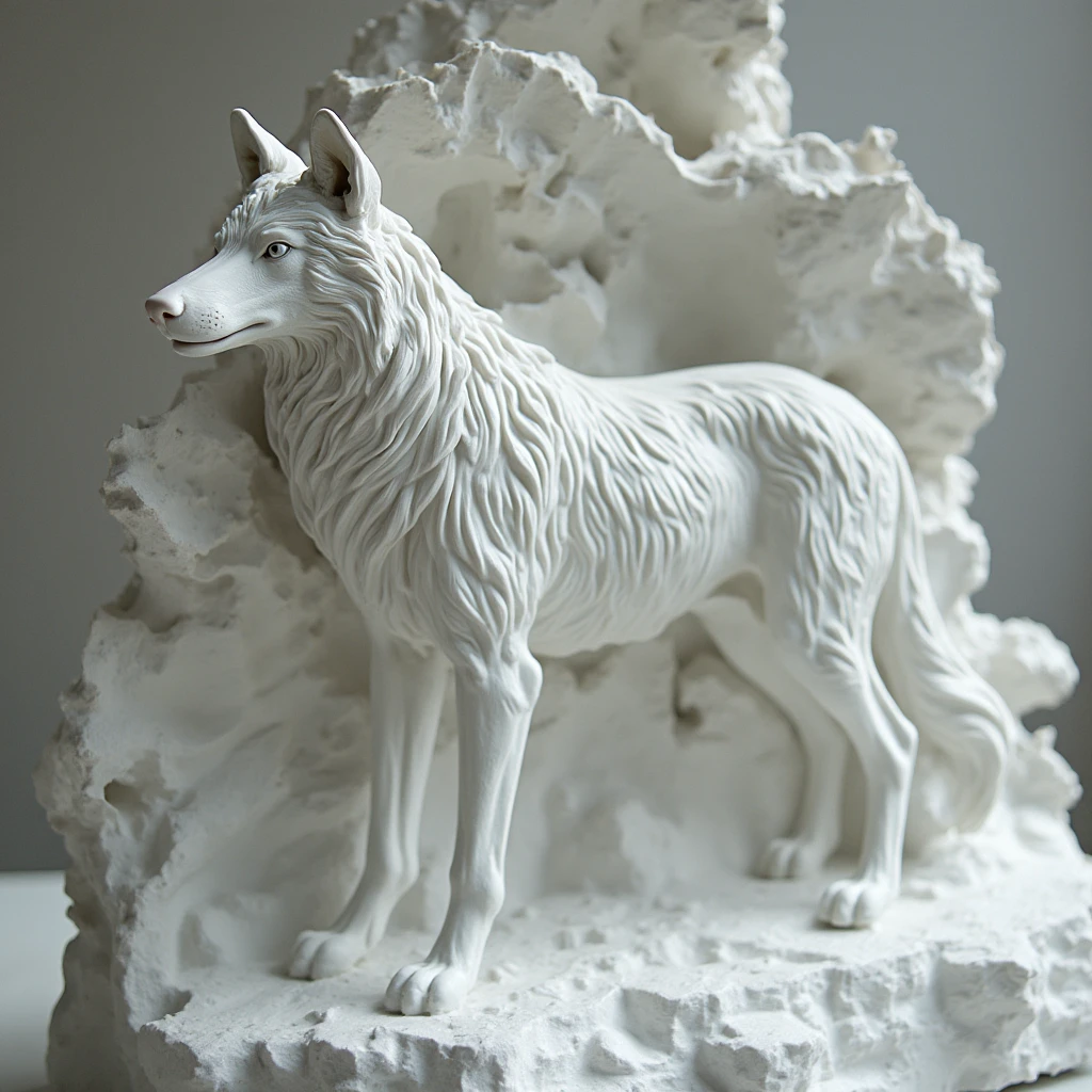 a wolf made entirely of white glossy porcelain