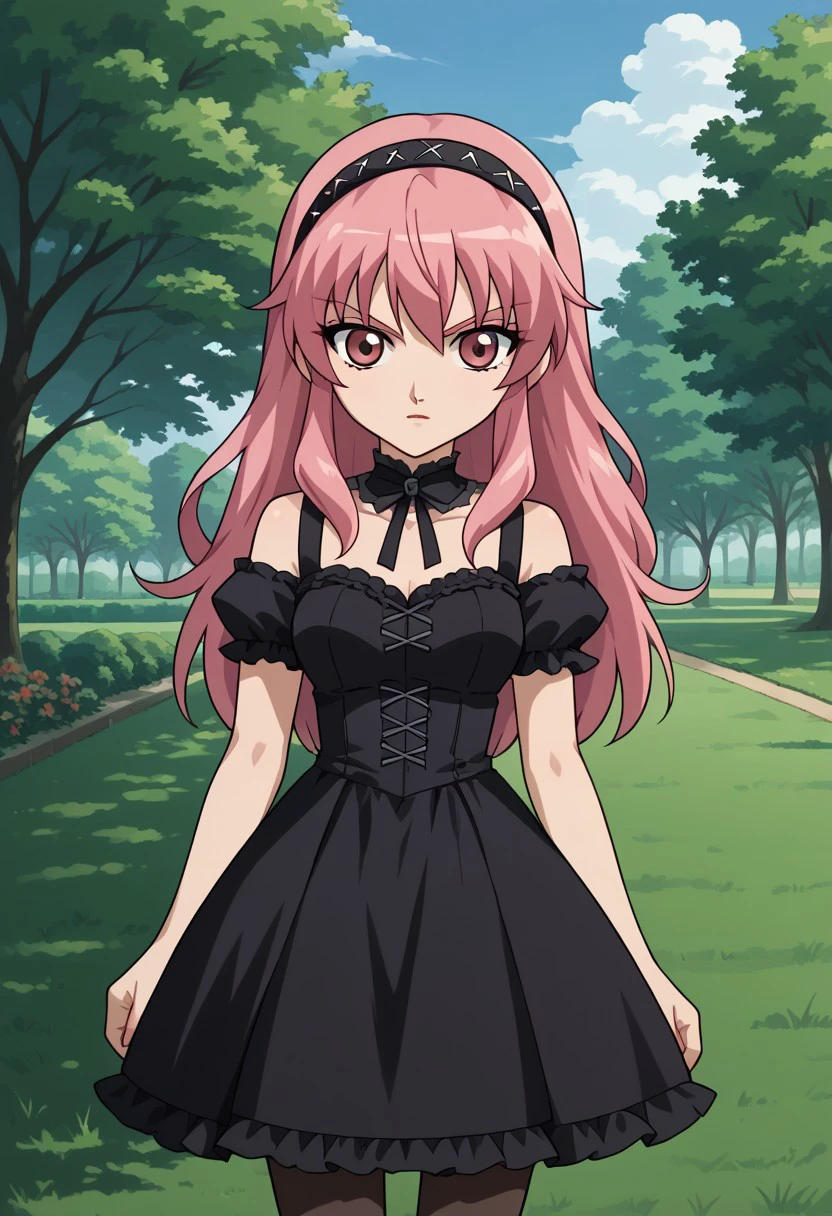 score 9, score 8 up, score 7 up, bakugan, bakugan battle Brawlers, 1girl, black pantyhose, bow, dress, pantyhose, pink hair, long hair, chibi, solo, gothic dress, gothic hairband, gdark, upper body, park