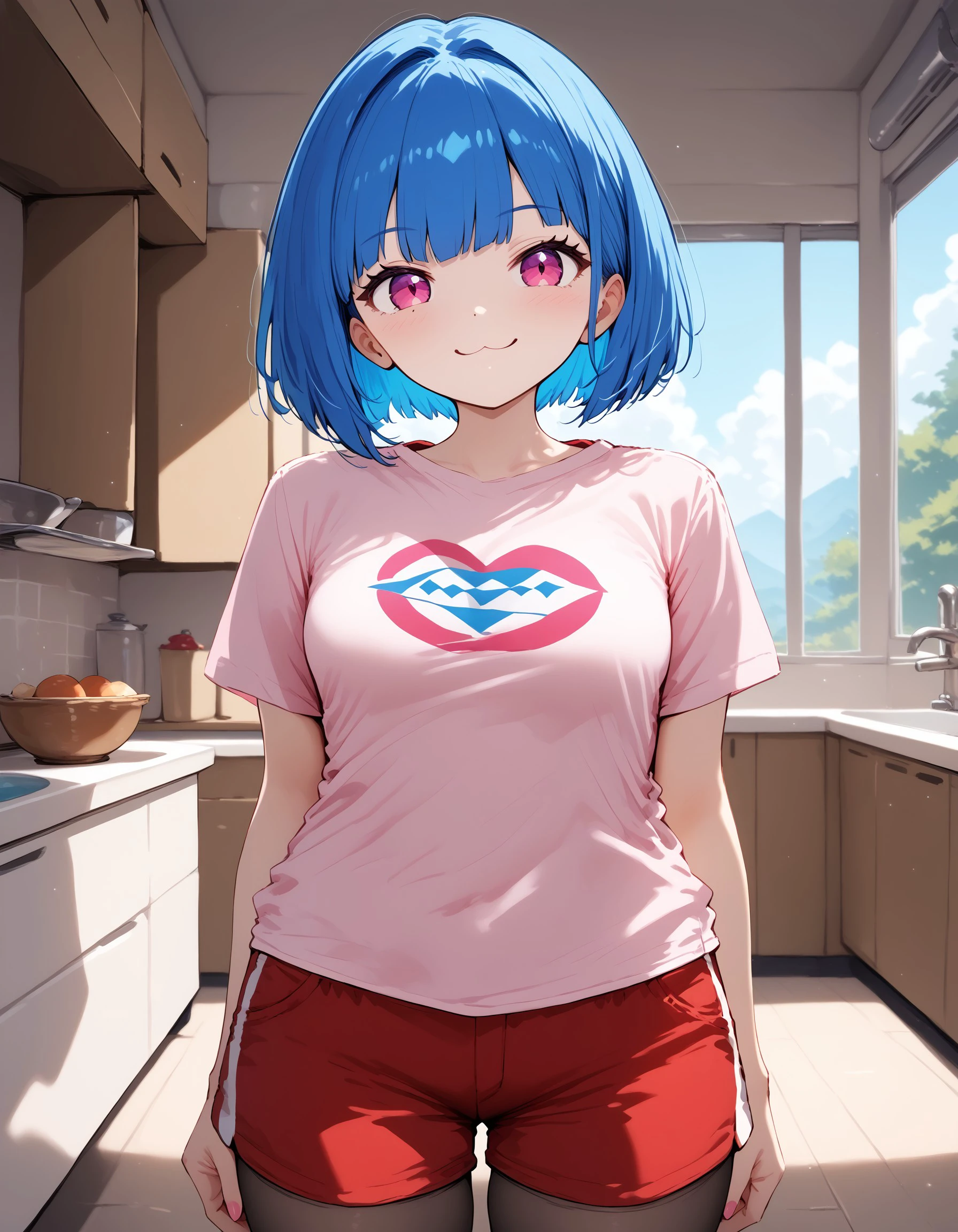 (masterpiece), best quality, expressive eyes, perfect face, score_9, score_8_up, score_7_up, source_anime, femele, blue hair, bob cut, pink eyes, pink t-shirt, slim, thick thighs, black stockings, Red shorts, smile, medium breasts, kutabire_stye, :3, cat mouth, face shot, <lora:ae2bfa78-3e19-494d-9c94-870d7627f419:1.0>, <lora:0e47915d-92a4-41b6-9910-526edbec2b9f:1.0>