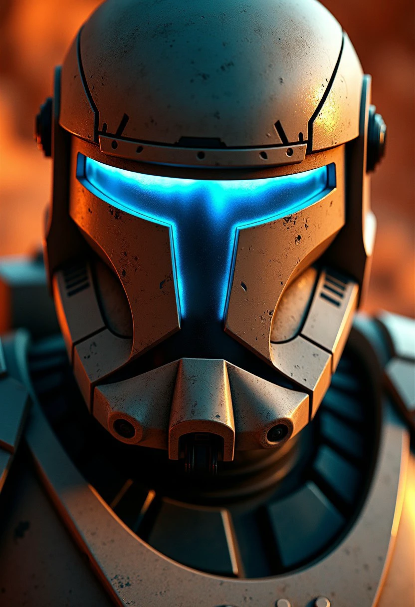 7-CloneCommando, warm lighting, reflections, shadows, accurate armour, accurate helmet, glowing blue visor, portrait, extreme close up, micro photography