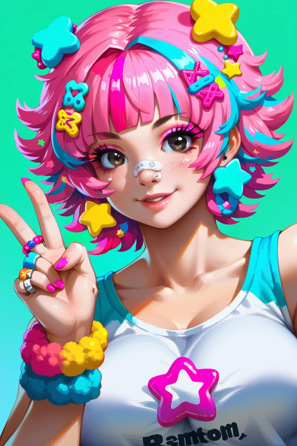 score_9, score_8_up, score_7_up BREAK  1girl,solo,smile,urban background,large breasts,peace sign
 looking at viewer, hair ornament, jewelry, upper body, pink hair, hairclip, star (symbol), black eyes, bracelet, lips, ring, bandaid, bandaid on face, bandaid on nose, colorful ,wearing edgPastelGoth
 <lora:edgPastelGothPony-000002:1>