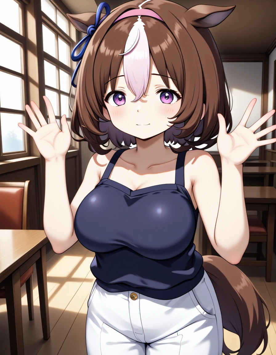 nsfw,1boys, 1girls, solo,dantsu_flame\(umamusume\), (large breasts),breast in 1penis, (cum facial), show off large nipples,paizuri,clothed, ;D,white back ground, pov,looking at viewer,BREAK ((best quality, very aesthetic, ultra-detailed;1.3), extremely detailed, perfect anatomy, interspecies, beautiful detailed, vector trace, 8k, insanely detailed and intricate),