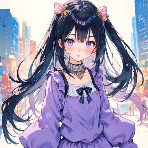 woman, pastel colors, Gouache, woman, solo, long_hair, looking_at_viewer, black_hair, long_sleeves, twintails, jewelry, very_long_hair, closed_mouth, purple_eyes, outdoors, puffy_sleeves, black_ribbon, black_bow, neck_ribbon, floating_hair, juliet_sleeves, building, city, purple_shirt