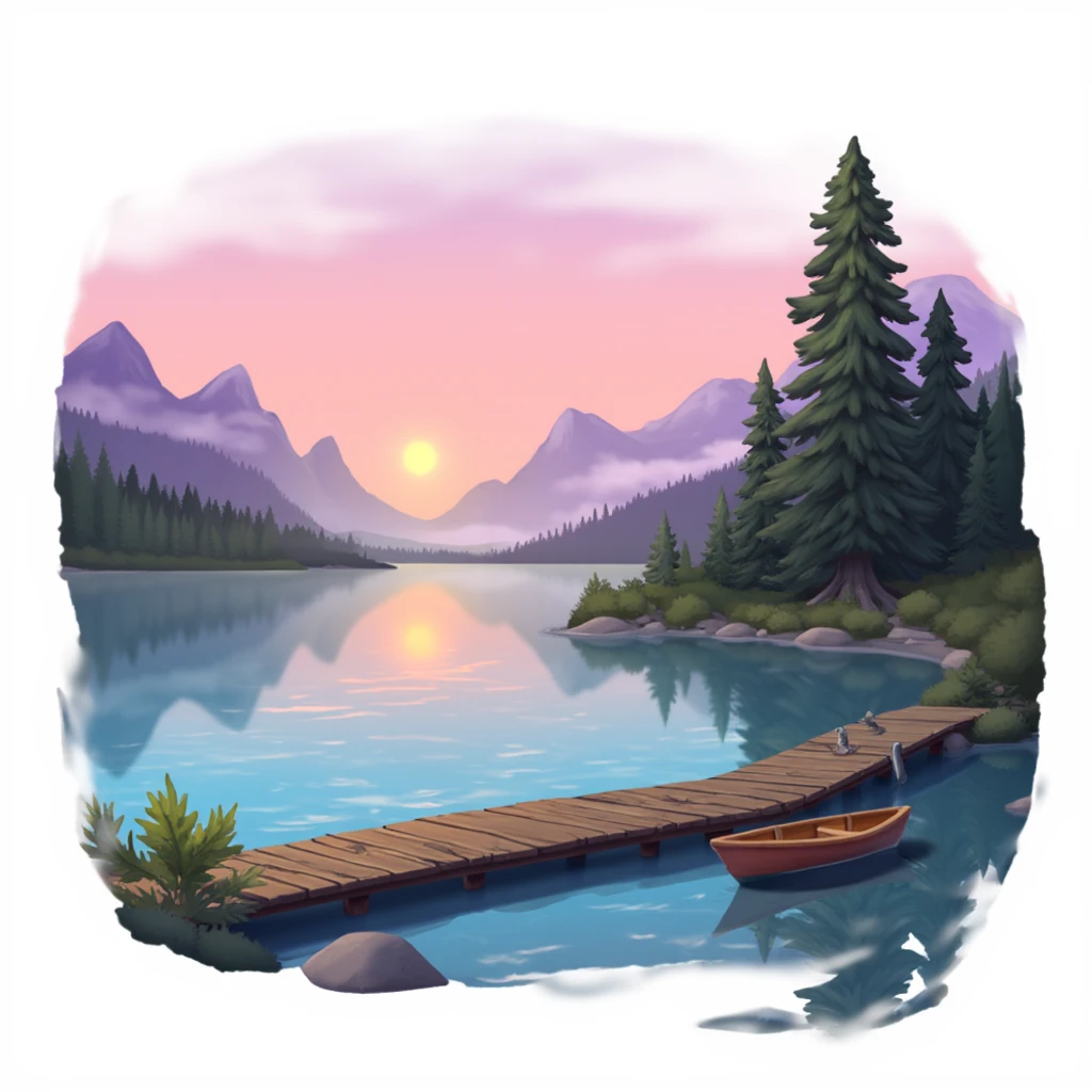 game_icon, 
The sky is a gradient of soft pink and orange hues as the sun begins to rise. The lake's surface is calm, reflecting the colors of the sky like a mirror. In the distance, there are mist-covered mountains, their peaks just starting to catch the morning light. Along the shore, there is a dense forest of pine trees, their green needles slightly darkened by the early morning shadows. A wooden pier extends out into the lake, with a small rowboat tied to it, gently bobbing in the water. The entire scene exudes a peaceful and tranquil atmosphere,
white background