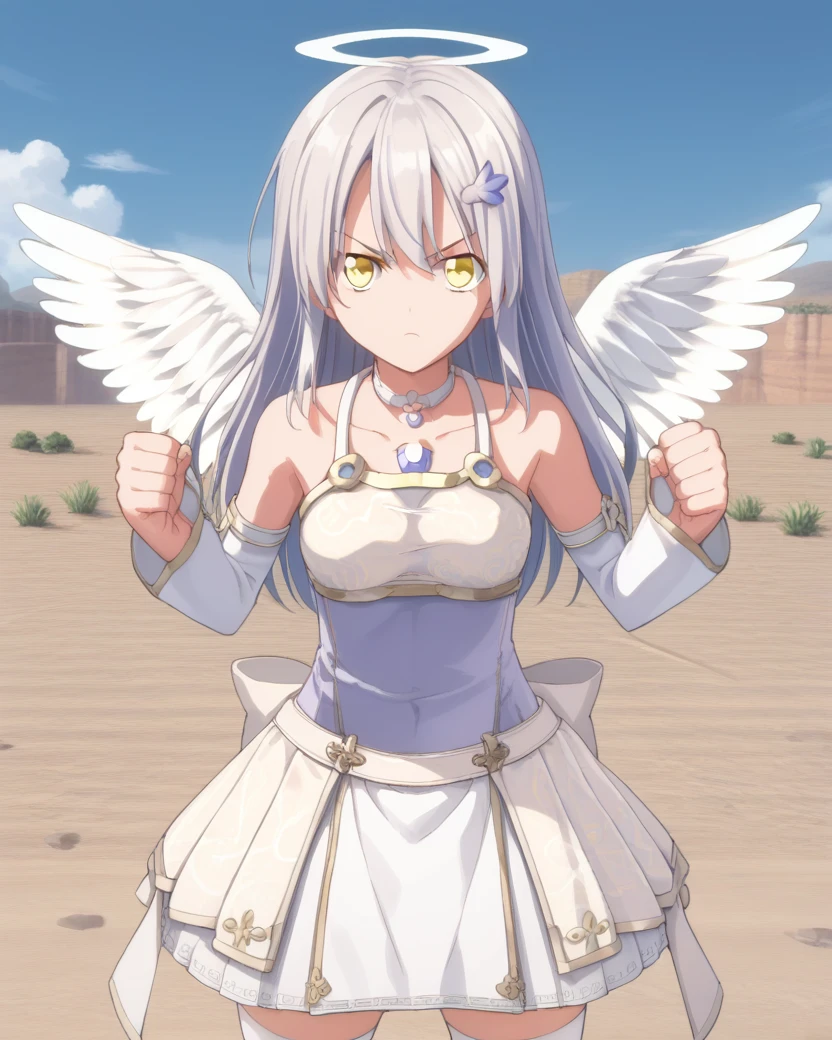 <lora:crystarea_raphael_1.1-000009:0.8>,crysraphael,halo,yellow eyes,long hair,hair ornament,
detached sleeves,white chest jewel,waist rings,thighhighs,white wings,angel wings,raphael dress,breastplate,choker,
1girl,solo,(anime screencap:1.1),<lora:Fine_Anime_Screencap-ponyV1:1>,flat color,
cowboy shot,dynamic pose,clenched hands,fighting stance,legs apart,
desert,
serious,, score_9,score_8_up,score_7_up,source_anime,best quality,masterpiece,uncensored,detailed eyes,<lora:add-detail-xl:0.7>