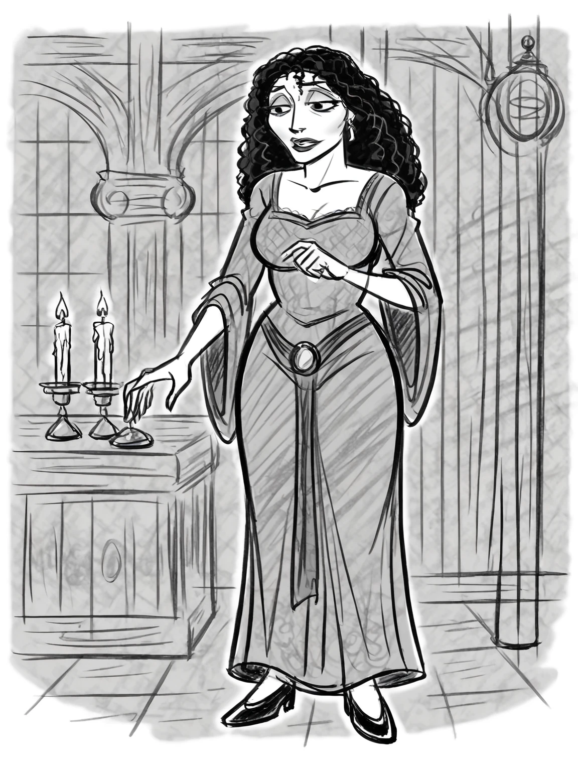 Disney drawing monochrome sketch of mothergothel <lora:Tangled_MotherGothel_ponyXL_Xtroat:0.8>  mature woman, long black curly hair, jewelry, earrings, intricate long red dress, black shoes, original perspective,  in a medieval living-room, lit by candles, cinematic lights,  indoors