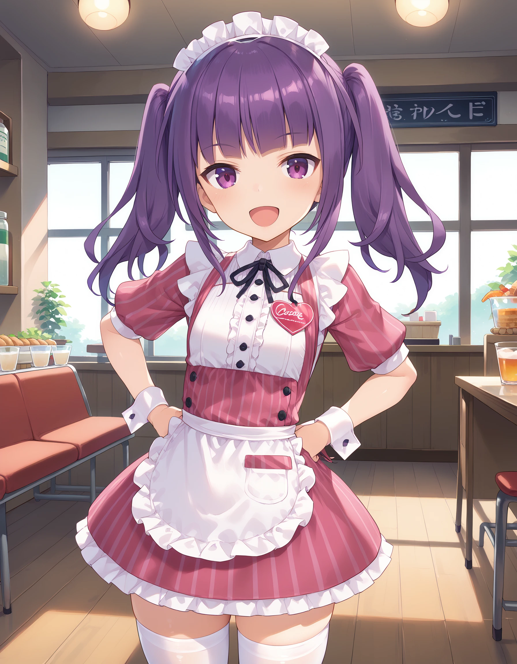 score_9, score_8_up, score_7_up, source_anime,
science fiction,  
1girl,solo, in cafe, hands on own hips, leaning back, joyful, happy, smile, open mouth,  looking at viewer, 
indoors, in cafe, window,  cupboard,
 <lora:IchijiouAyaka_pony_v2:1> icjayk, purple hair, twintails, blunt bangs, purple eyes, flat chest, small breasts, 
waitress, pink dress, vertical stripes, neck ribbon,  puffy sleeves, short sleeves, wrist cuffs,  white apron, maid headdress, white thighhighs, zettai ryouiki, name tag,