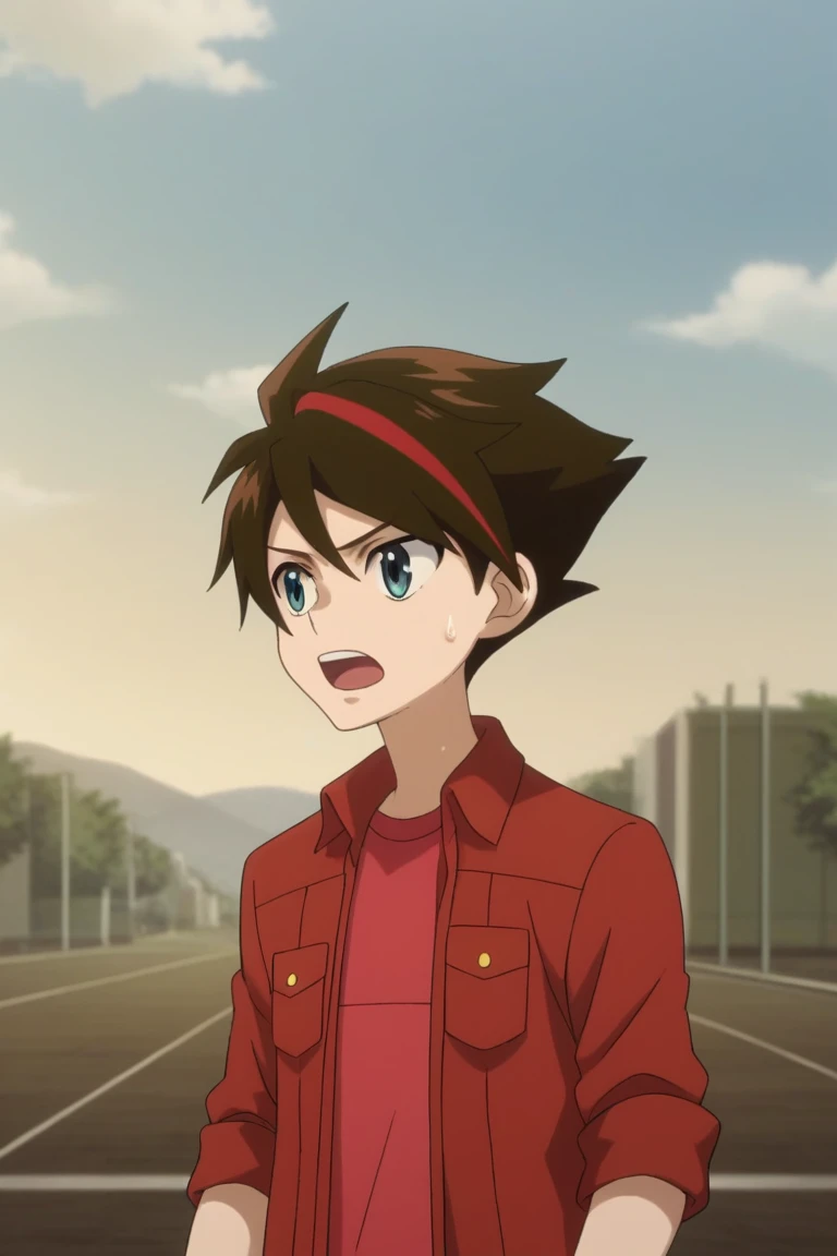 score_9, score_8_up, score_7_up, score_6_up, masterpiece, best quality, amazing quality, best aesthetic, absurdres, intricate details,
dan kouzo, brown hair, blue eyes, red jacket, red shirt, 1boy, male focus, solo, multicolored hair, open mouth, sky, jacket, streaked hair, anime coloring, outdoors, cloud, two-tone hair, sweatdrop, day, upper body<lora:EMS-469422-EMS:1.000000>