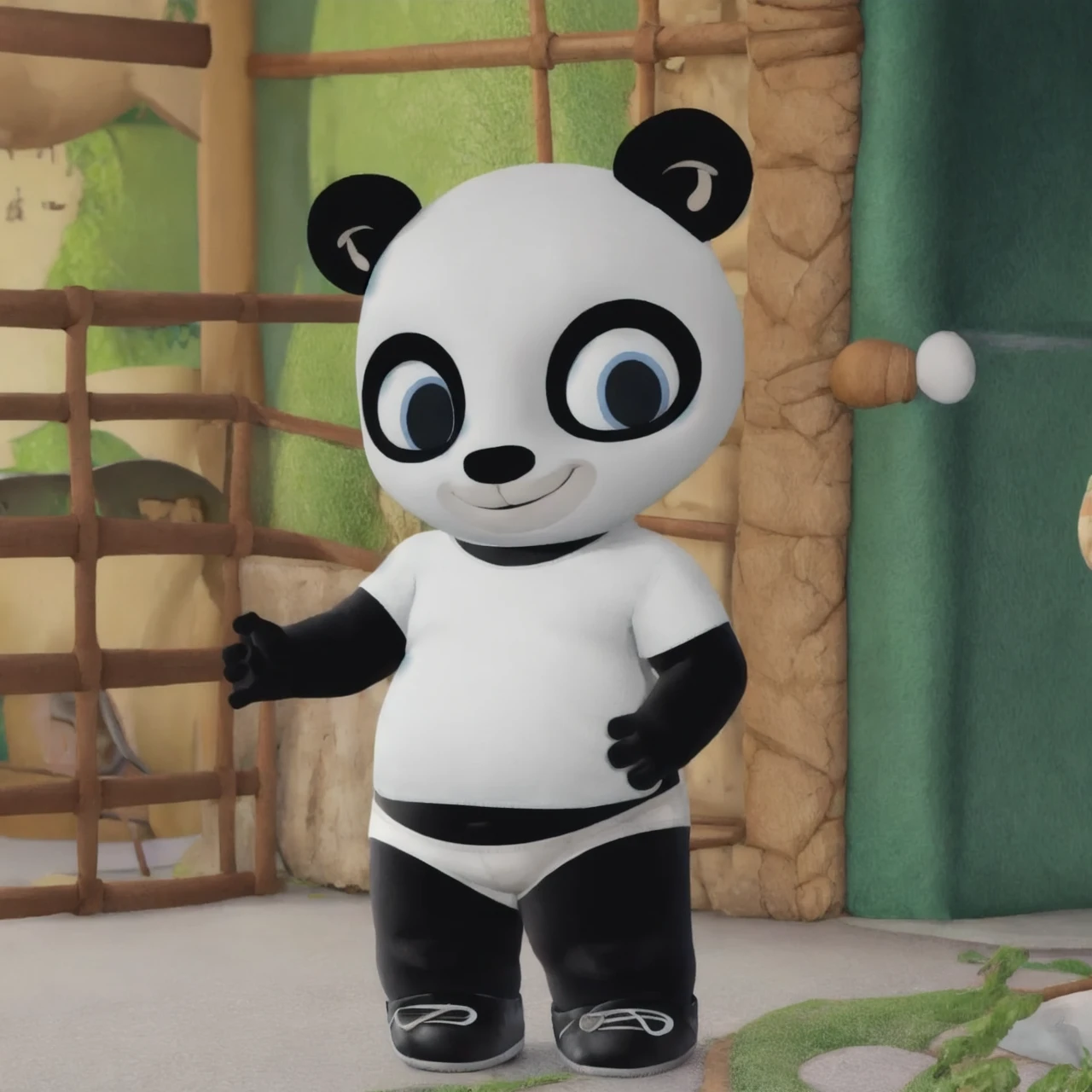 pando, panda, bear, male, white fur, black fur, eye spots, ears, blue eyes, blue iris, pupils, black nose, tail, small tail, 4 fingers, white shirt, bottomwear, yellow shorts, footwear, anthro, young, cub, slightly chubby, short stack, solo, solo focus, full-length portrait, front view, smile, hand on hip -<lora:Pando_Prime_Lora:0.7>