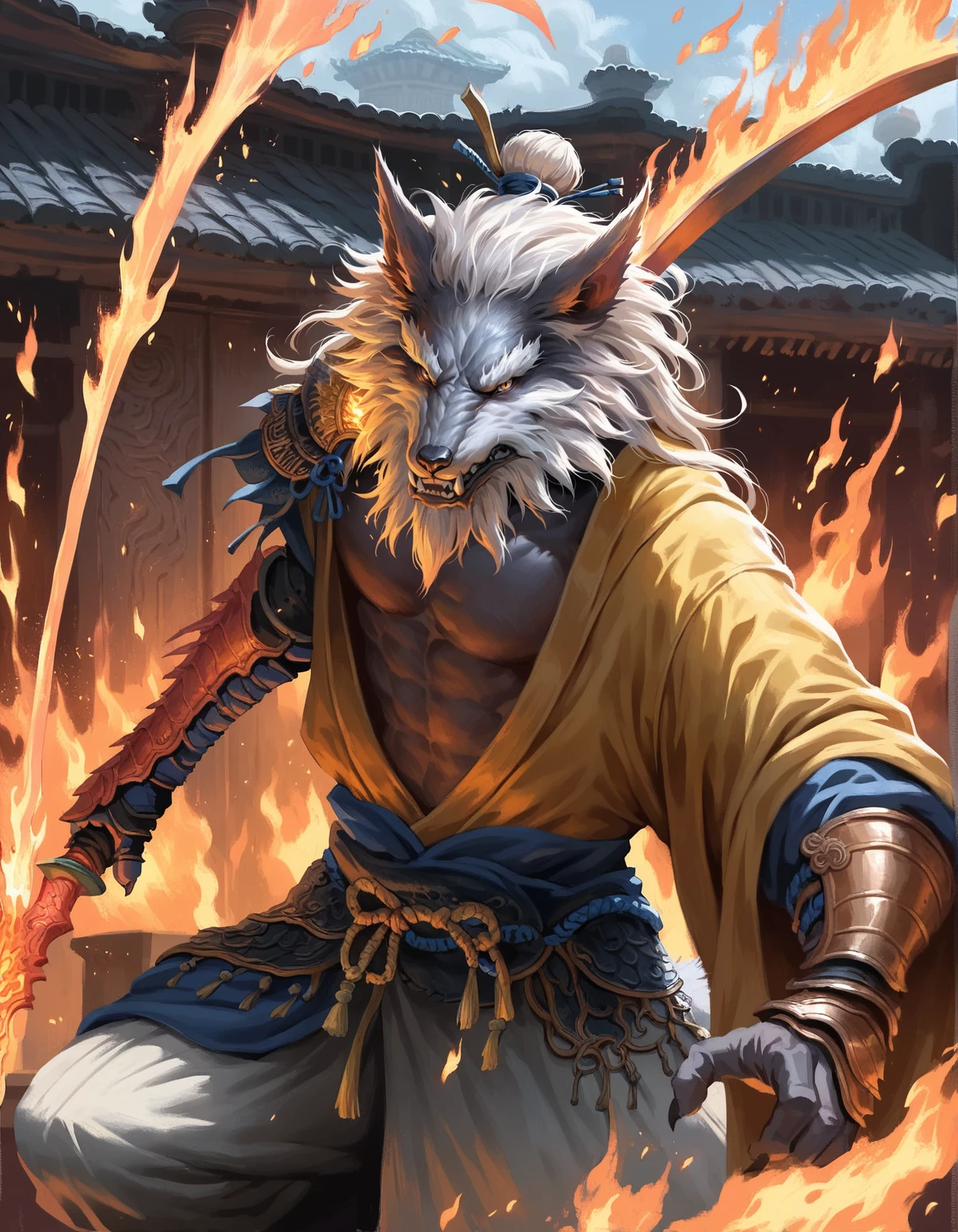 score_9, score_8_up, score_7_up, score_6_up, source_furry,
gz, wolf yaoguai, male, anthro, solo, mature, white mane hair, white beard, gauntlets, hair bun, chinese clothing, battle robe, gauntlets, hair tie, yellow eyes, BREAK
gz, wolf yaoguai, male, anthro, solo, mature, three-quarter portrait, fighting pose, action pose, holding weapon, double blade spear, fire blade, swinging weapon, sparks, asian building, detailed background, motion blur, humanoid hands, fangs, looking at viewer,fur,yellow eyes,
<lora:BlackMythWolves_1.0.b:1>