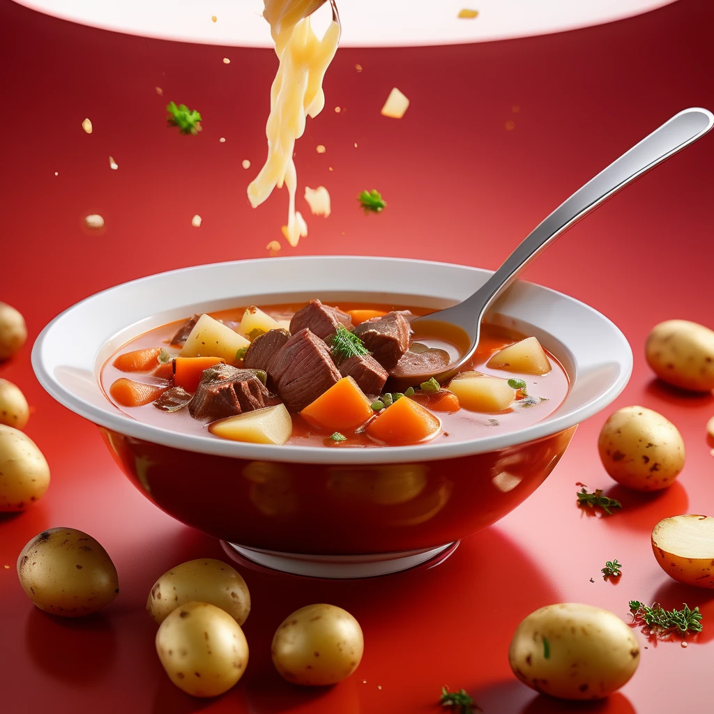 Food shooting, super wide-angle, beef stewed potatoes, soup spilled by the chef with a spoon, liquid explosion, red background, depth of field, lifelike, ultra-fine details, high resolution, shot by Canon,8k--ar 3:4




















