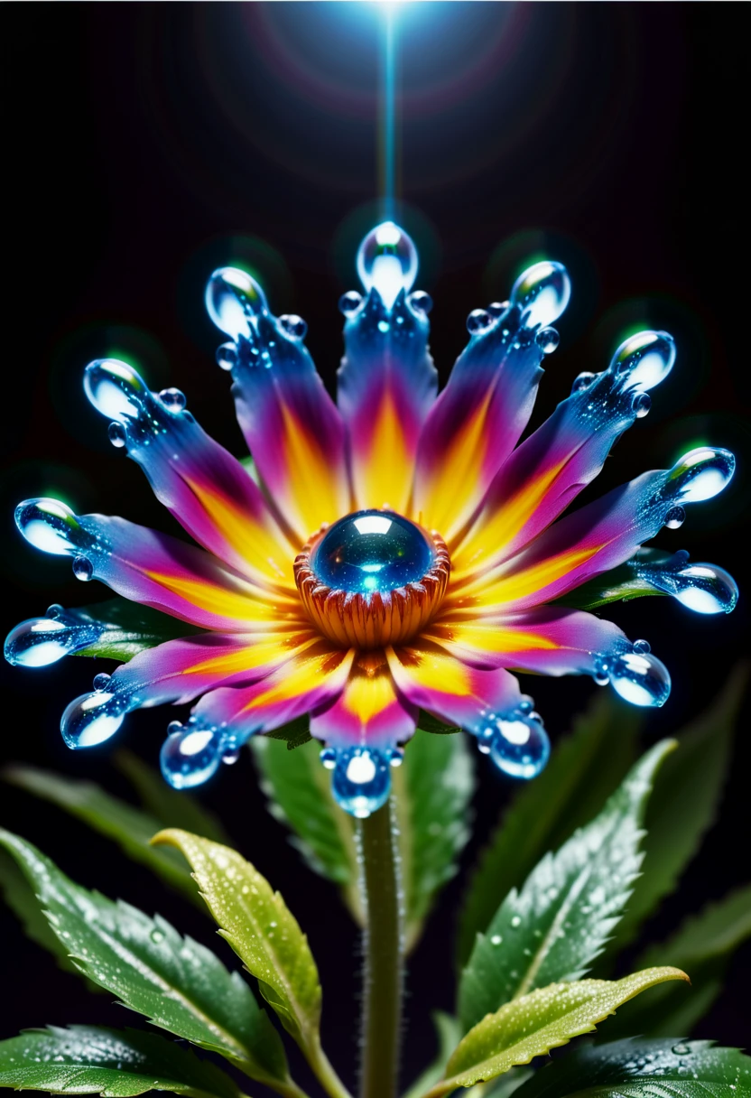 macro photo, AWESOME sparkling magical fantasy cosmic glass flower, dewdrop, Heavenly, beautiful, ultra detailed, ultimate details, amazing details, super sharp details, masterful, (masterpiece:1.2), intricate details, best quality, high quality, rich vibrant vivid colors, ultra high res, cinematic still, 4k, 8k uhd, extremely intricate, extremely detailed, amazing, fine detail, high resolution, perfect, wonderful, ultrarealistic, photorealistic glowing, shine, shiny