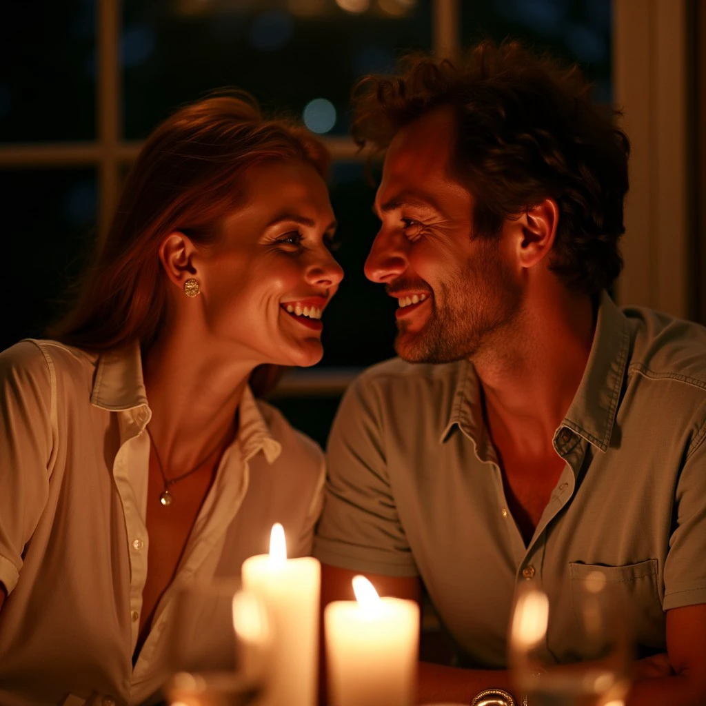 A romantic candlelit dinner between two 40-year-old men. One man is pale and slightly chubby with red hair and green eyes. The other man is tan and pudgy with blue eyes. The soft candlelight gently bathes their faces in a warm glow, casting delicate shadows across the table. They are wearing short sleeve button up shirts. They sit close, smiling at each other as the flickering light enhances the intimate and serene mood of the evening.The image is warm with the women in sharp focus.