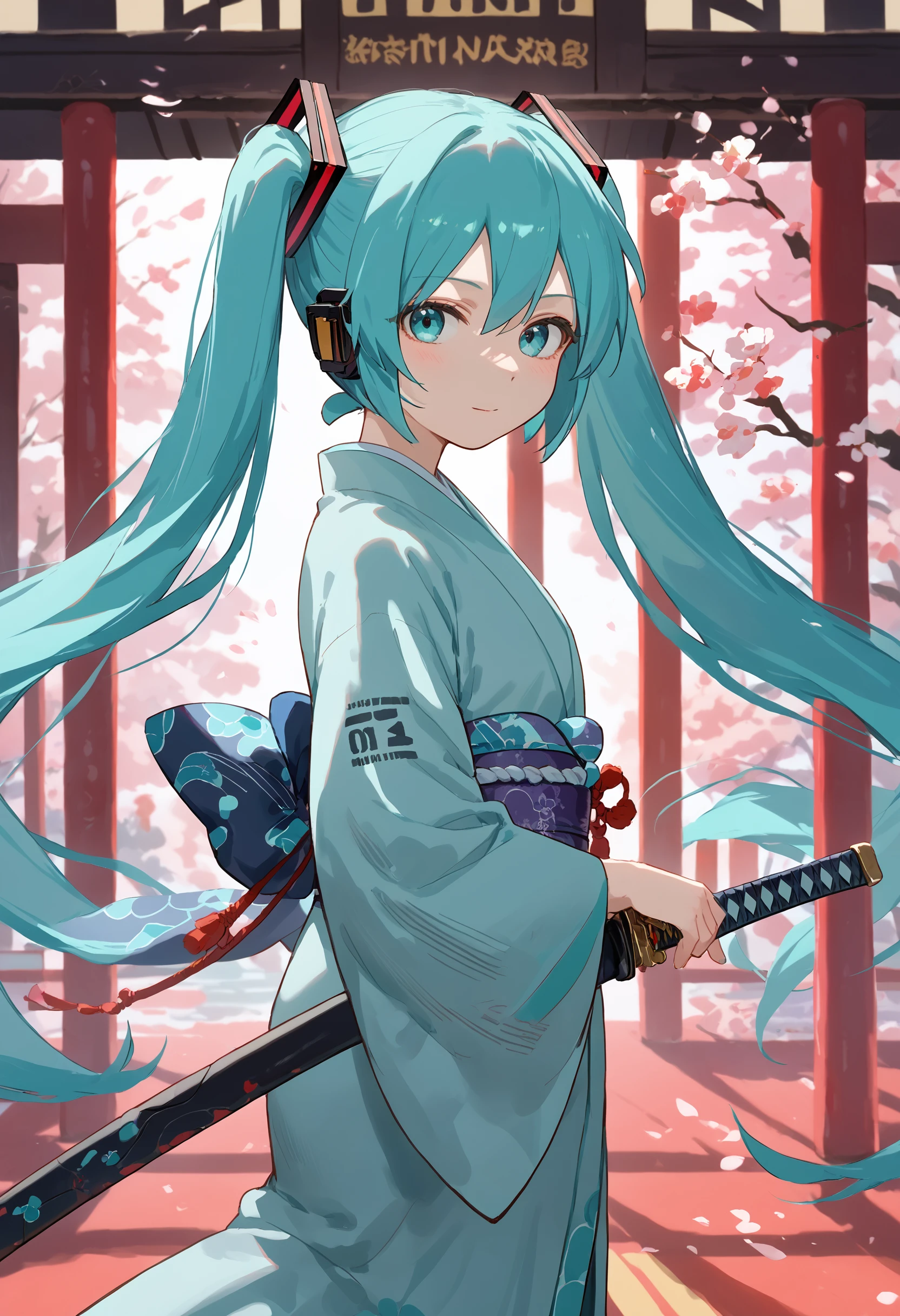 score_9, score_8_up, score_7_up, 1girl, sheathed sword, hatsune miku, kimono, japanese clothes, from side, katana, looking at viewer
<lora:sheathed_sword_pony_1_final:1>