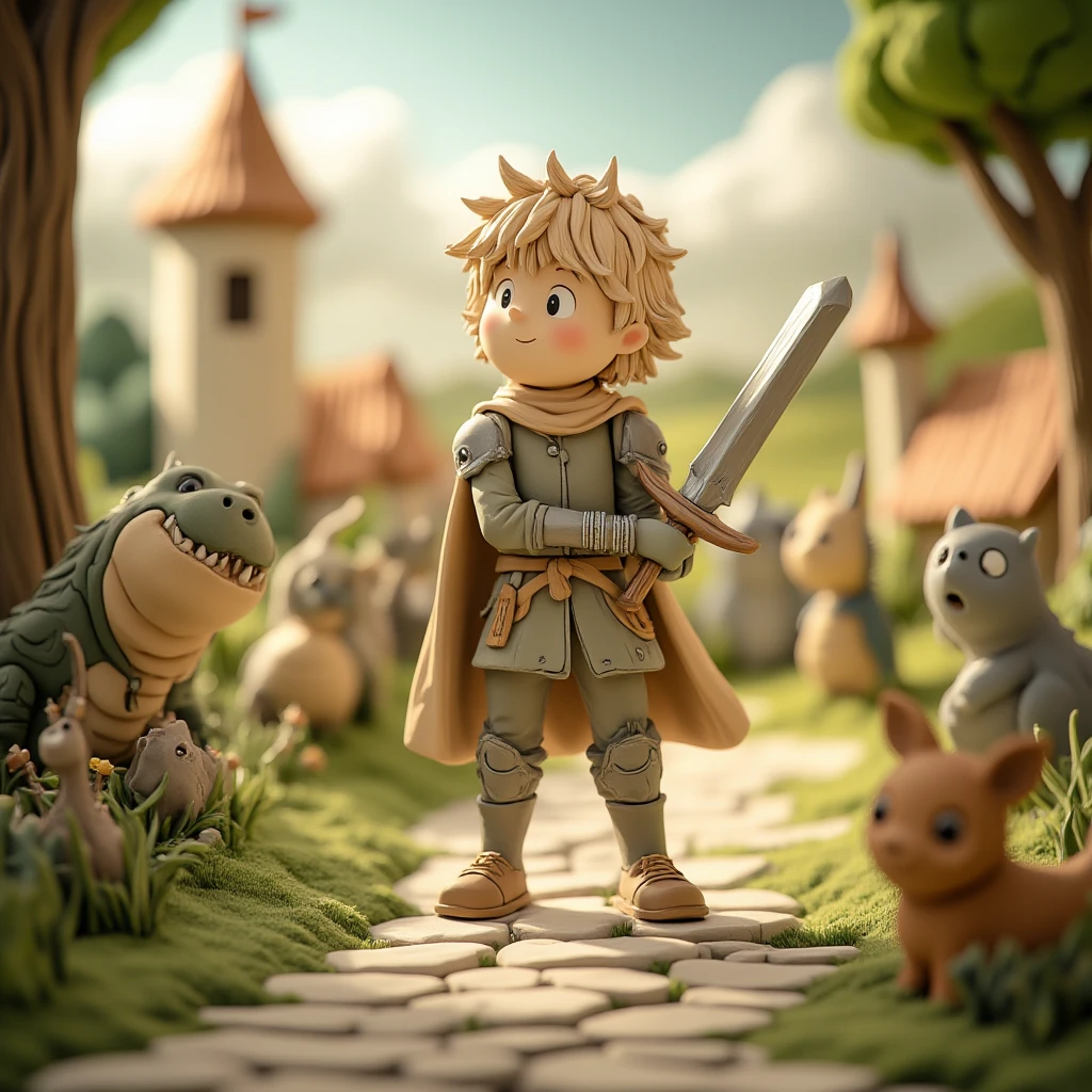 Juaner_clay,
A brave knight with a gleaming sword, defending a village from a horde of mythical beasts, seen from an epic wide-angle view.