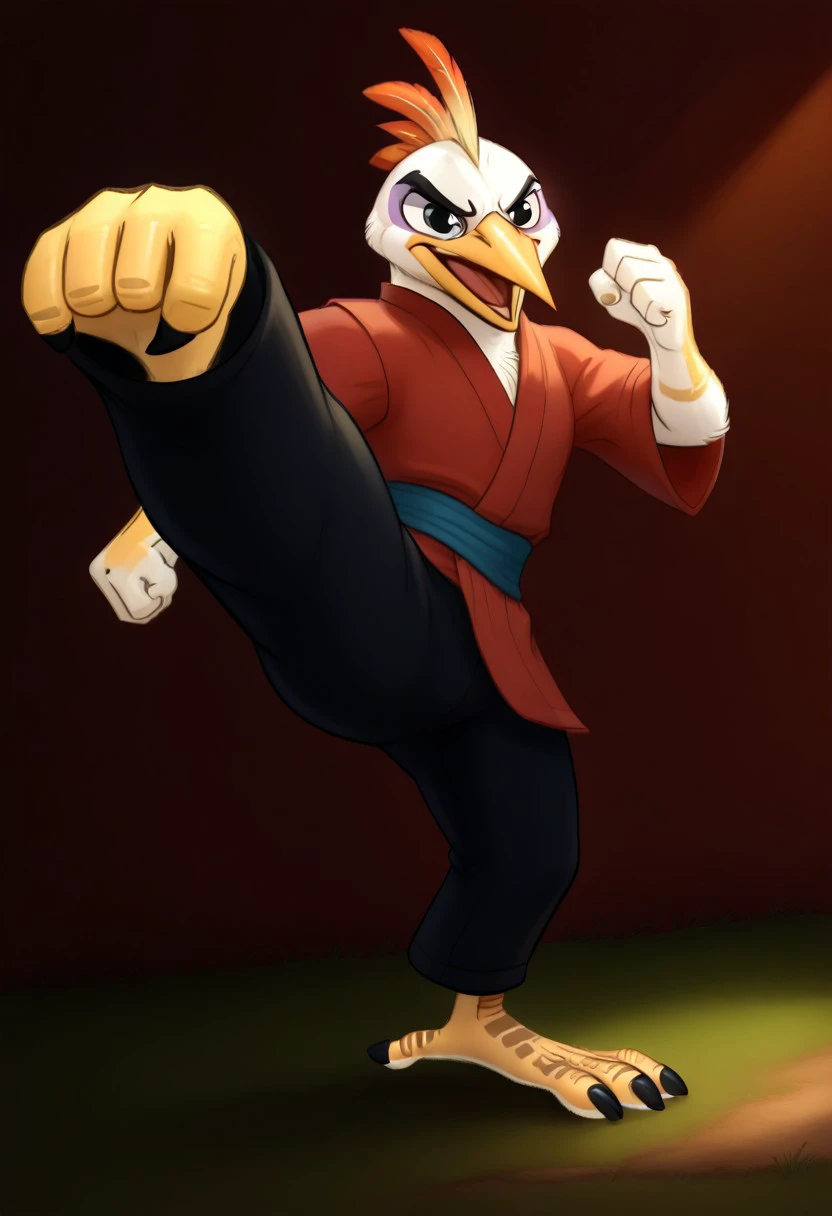 (((Barefoot furry character, full body, cinematic setting, furry male, plantigrade))) 
(((Ono))), egret anthro, black eyes, ((red kimono and black pants, training kung-fu at training ground in park, fighting stance, dynamic pose, perform side kick)), (((nice bird feet, orange and black talons)))
BREAK, intricate details, highly detailed, extreme detail, octane render, fine art, best quality, highres, (detailed face:1.5), ((full_body)), UHD, (((perfect hands))), low light