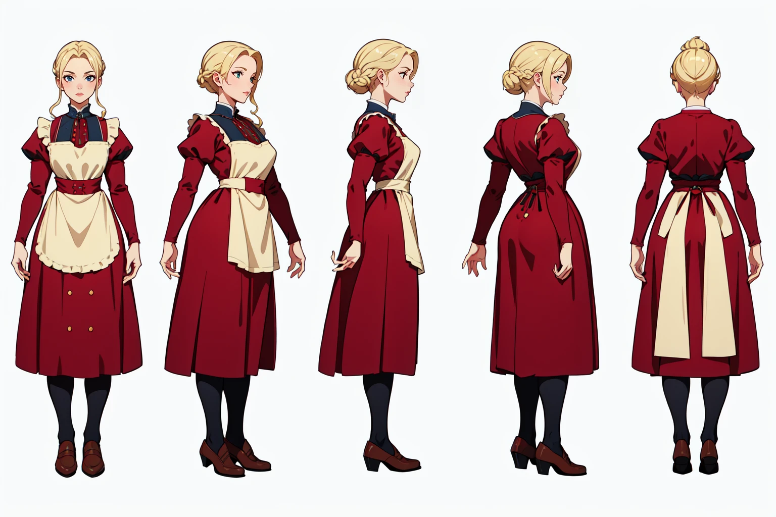 highres, masterpiece,
multi-view, turnaround, model sheet,  character design,
white background, simple background,
full body character turnaround of 1girl, Multiple views of the same character in the same outfit,
medieval,
blonde hair, braided bun, victorian dress, long sleeves, apron, maroon dress, white apron, button details, black shoes, historical attire, traditional clothing, adult, period costume, elegant dress, detailed illustration, classic style, full-length dress,
<lora:CharTurnRetag_v4:0.1>
<lora:Witcher3turn_v1:0.1>
<lora:Medieval2turn_v1:0.6>
<lora:bg3Turn_v1:0.1>