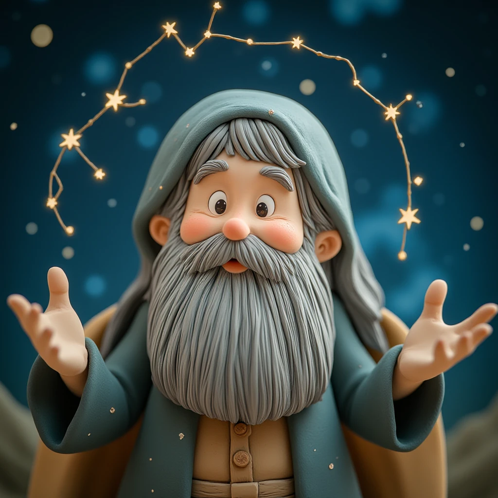 Juaner_clay,
A wise old wizard with a long gray beard, adorned in star-spangled robes, conjuring celestial constellations against a vast cosmic backdrop.