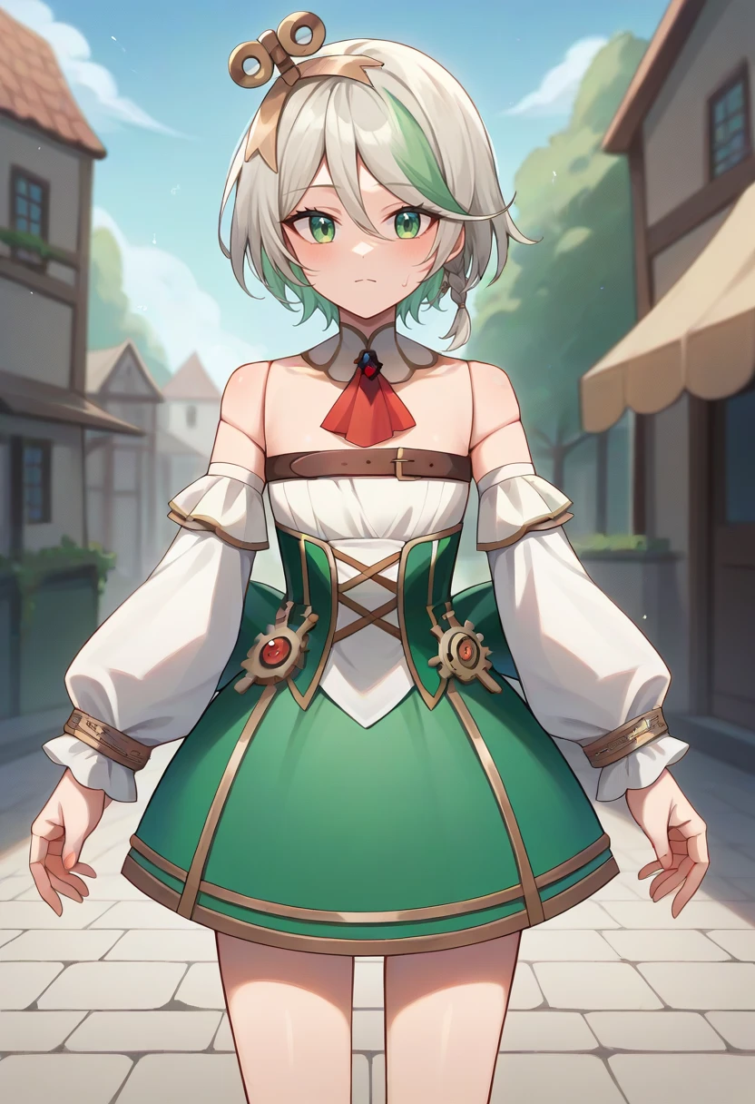 score_9,score_8_up,score_7_up,score_6_up,score_5_up,score_4_up,
1girl, cecilia immergreen, short hair, side braid, white strapless sleeveless shirt, white detached sleeves, detached collar, red ascot, cross-laced green corset, green skirt, winding key, doll joints, gears, gold trim, long sleeves,
solo, cowboy shot, looking at viewer, outdoors, village,
<lora:ceciliaponyxl4-10:1>