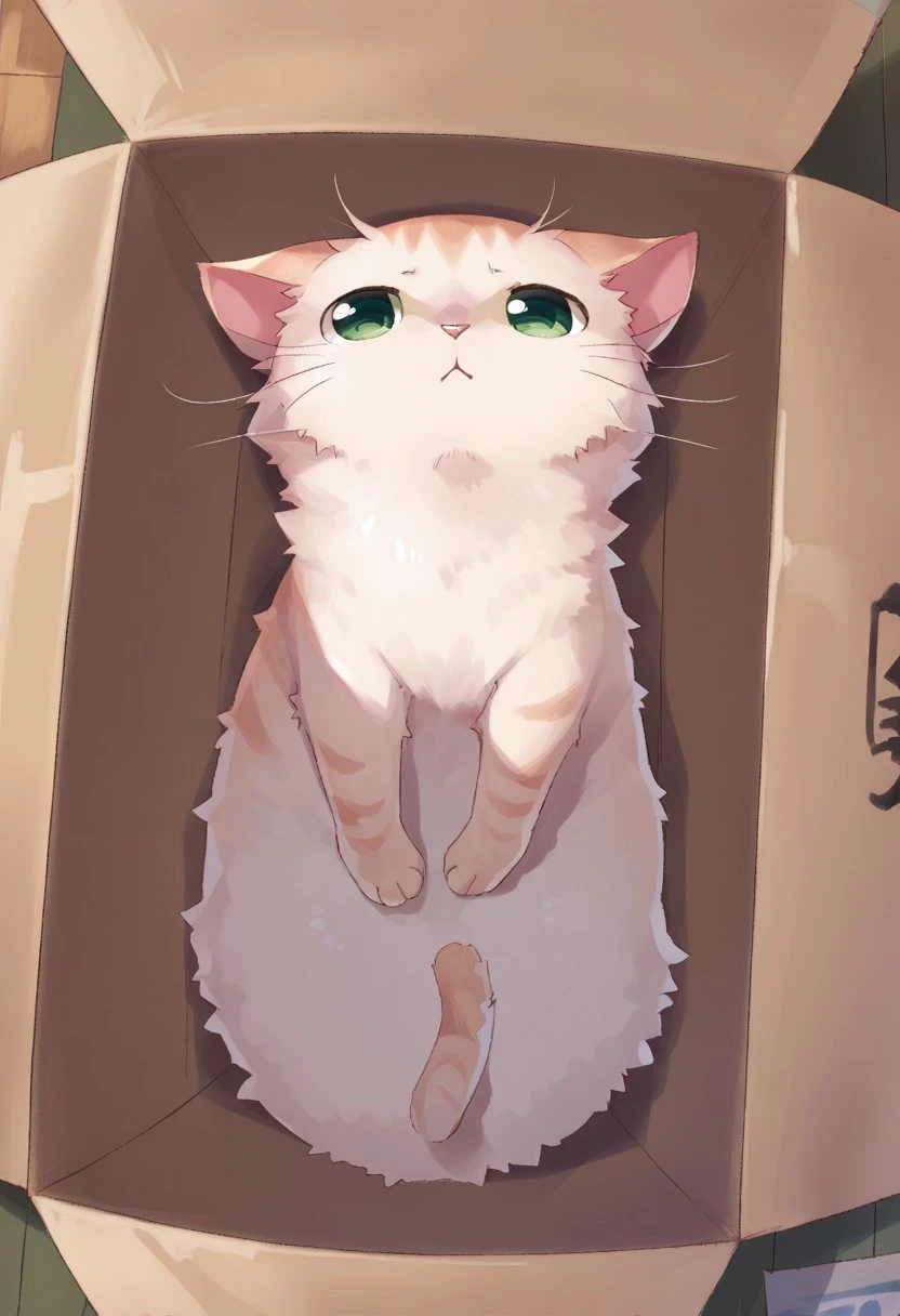 watashigu, animal, animal focus, cardboard box, cat, from above, full body, green eyes, indoors, looking at viewer, lying, no humans, on back, solo, whiskers, score_9, score_8_up, score_7_up