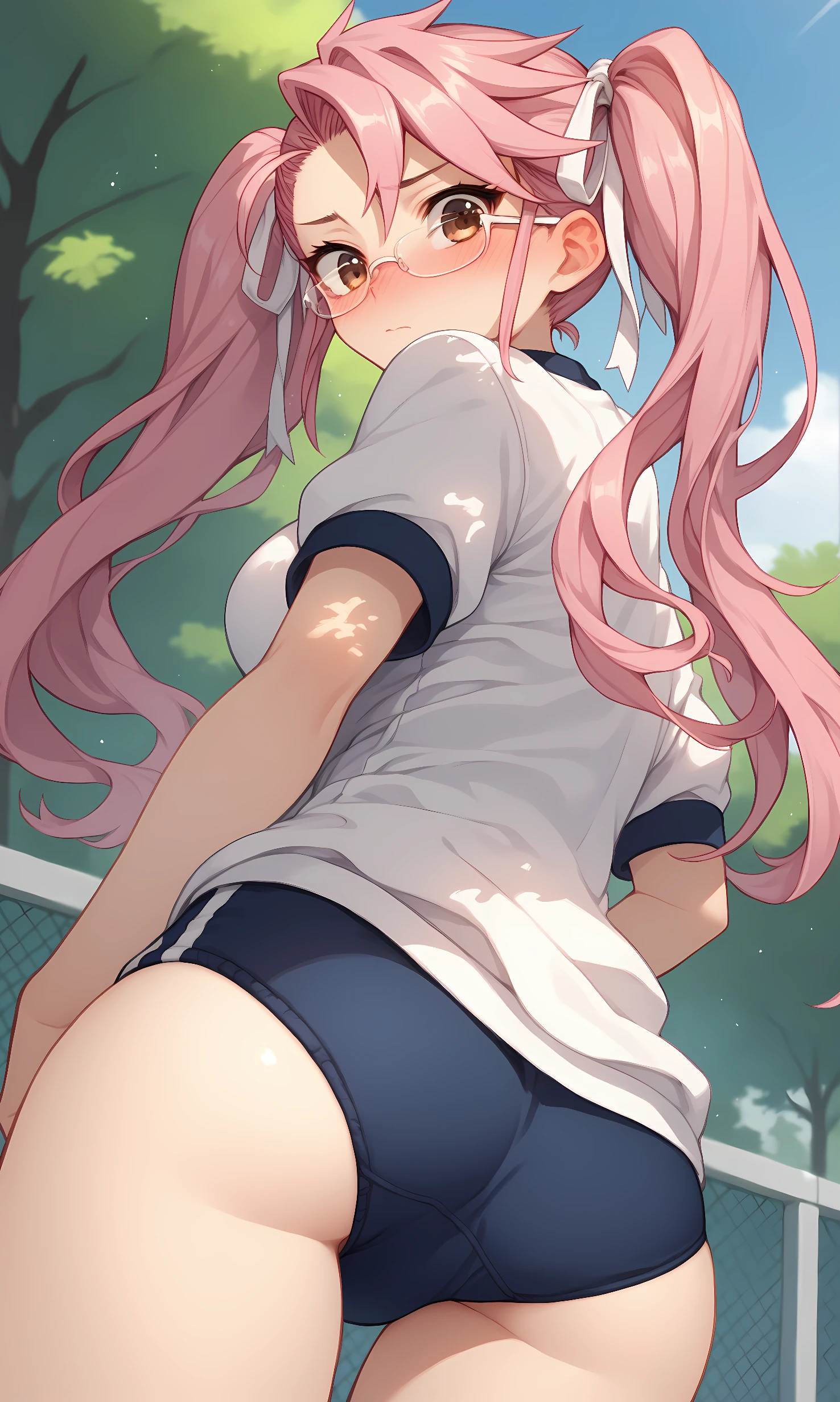 score_9, score_8_up, score_7_up, BREAK source_anime, 1girl, solo, outdoors, park, cowboy shot, looking at viewer, takagi_saya, brown eyes, glasses, pink hair, long hair, twintails, white ribbon, hair ribbon, white shirt, short sleeves, gym uniform, buruma, from behind, from below, nose blush