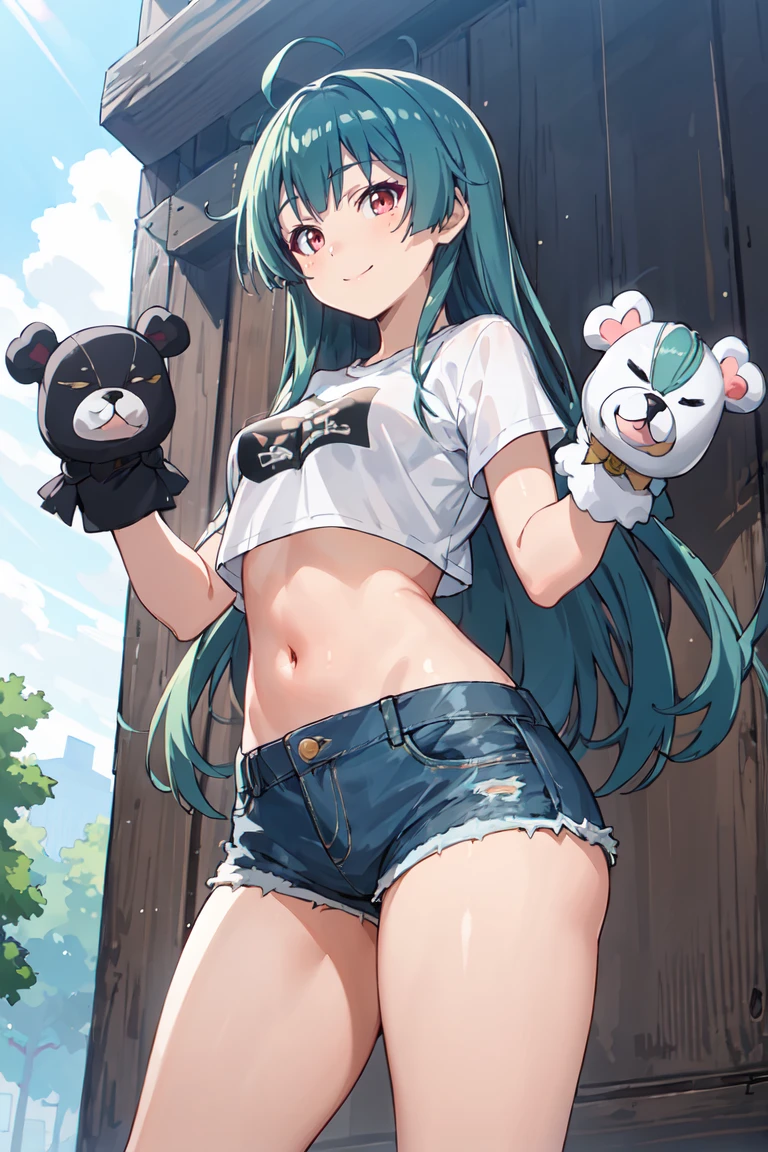 masterpiece, best quality, ultra-detailed, glistening shiny, glowing light, ray tracing, HDR, deph of field, (perfect face, detailed face), <lora:KumaYuna:0.8>, kumayuna, long hair, sidelocks, small breasts, smile, bear gloves, waving, t-shirt, crop top, denim shorts, standing, outdoors